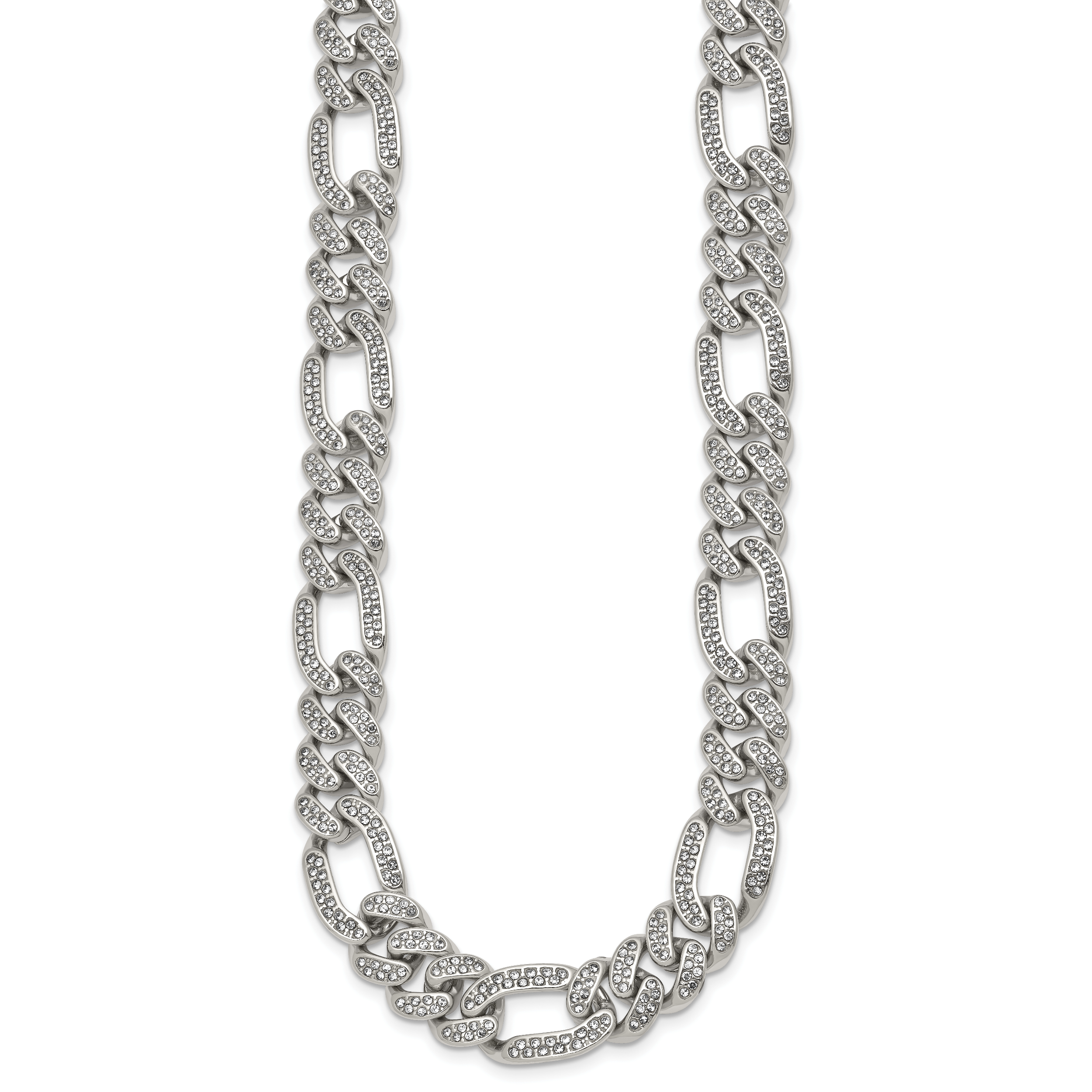 Polished Crystal Stainless Steel Figaro Chain Necklace 12mm