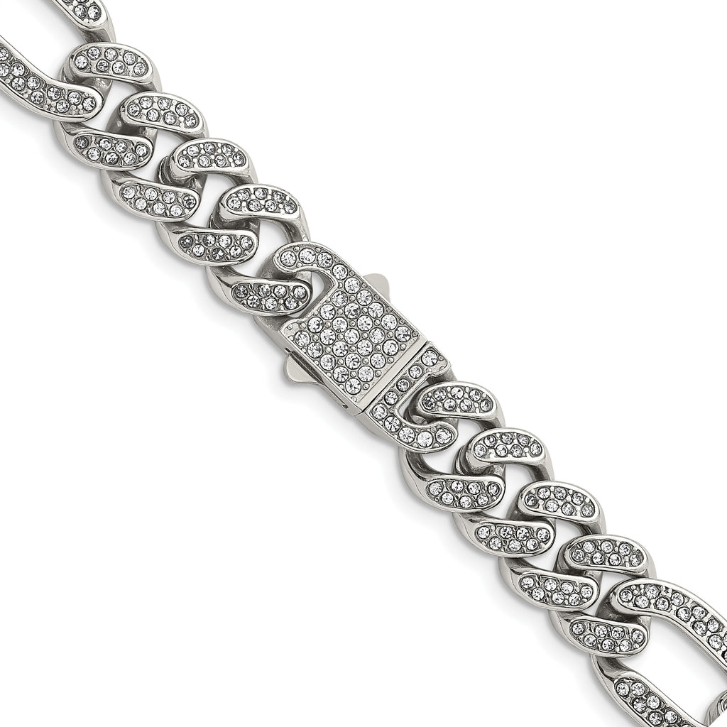 Polished Crystal Stainless Steel Figaro Chain Necklace 12mm