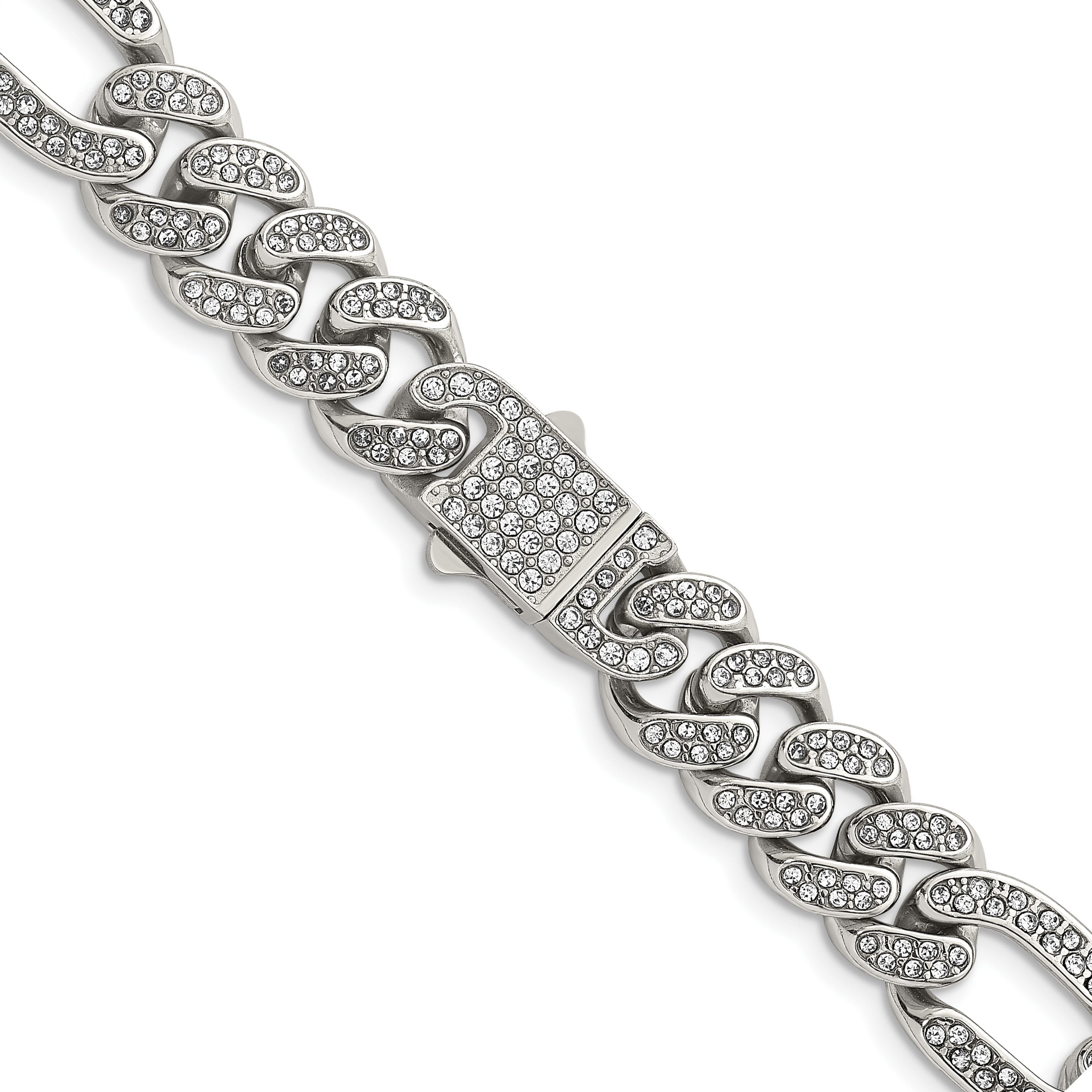Polished Crystal Stainless Steel Figaro Chain Necklace 12mm