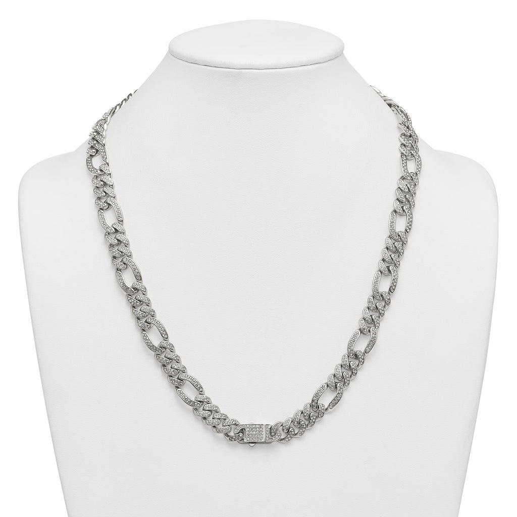 Polished Crystal Stainless Steel Figaro Chain Necklace 12mm