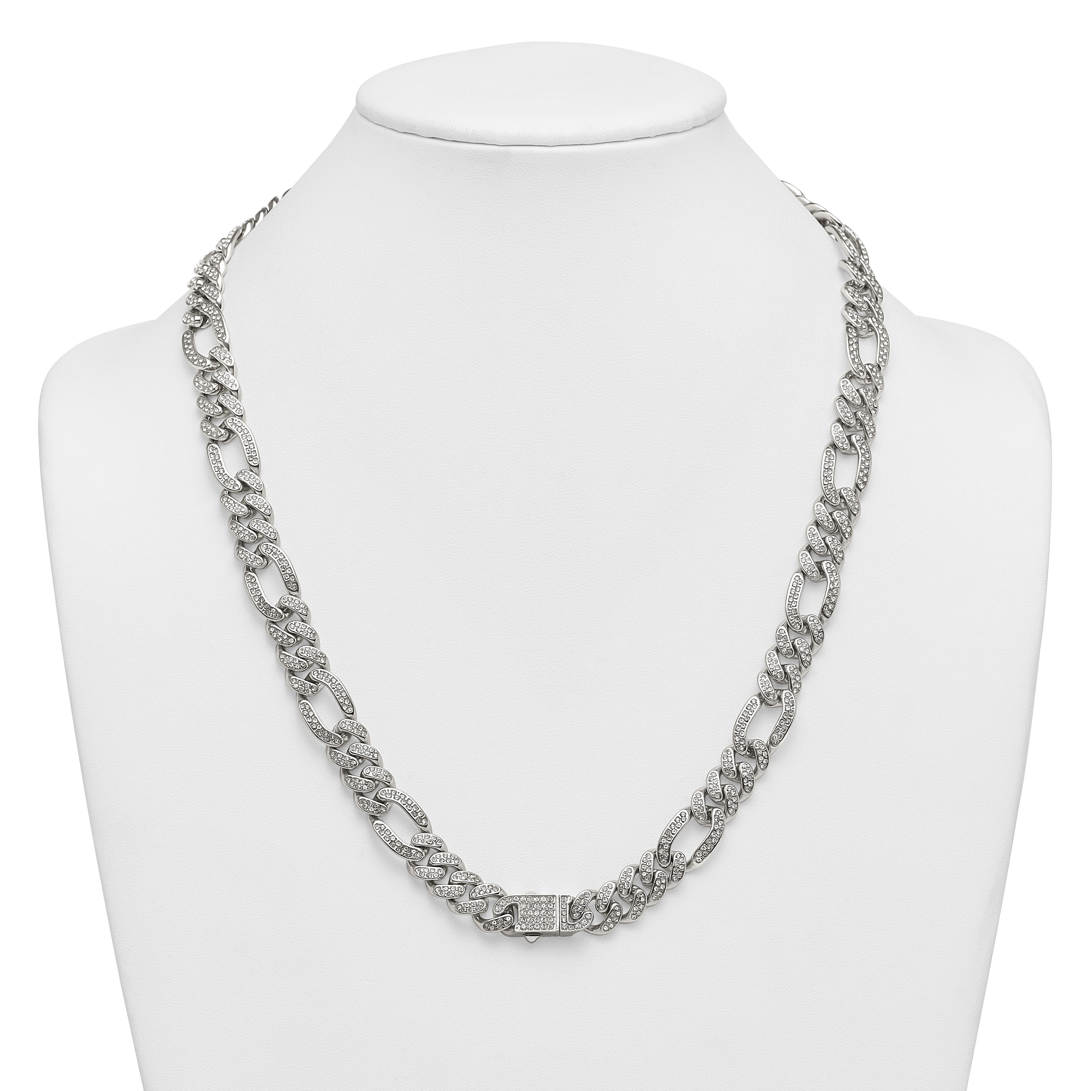 Polished Crystal Stainless Steel Figaro Chain Necklace 12mm