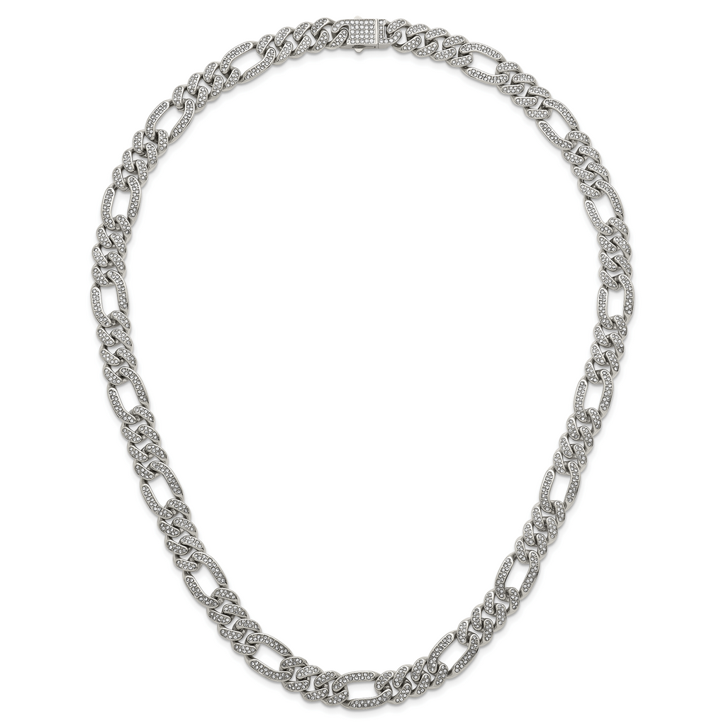 Polished Crystal Stainless Steel Figaro Chain Necklace 12mm
