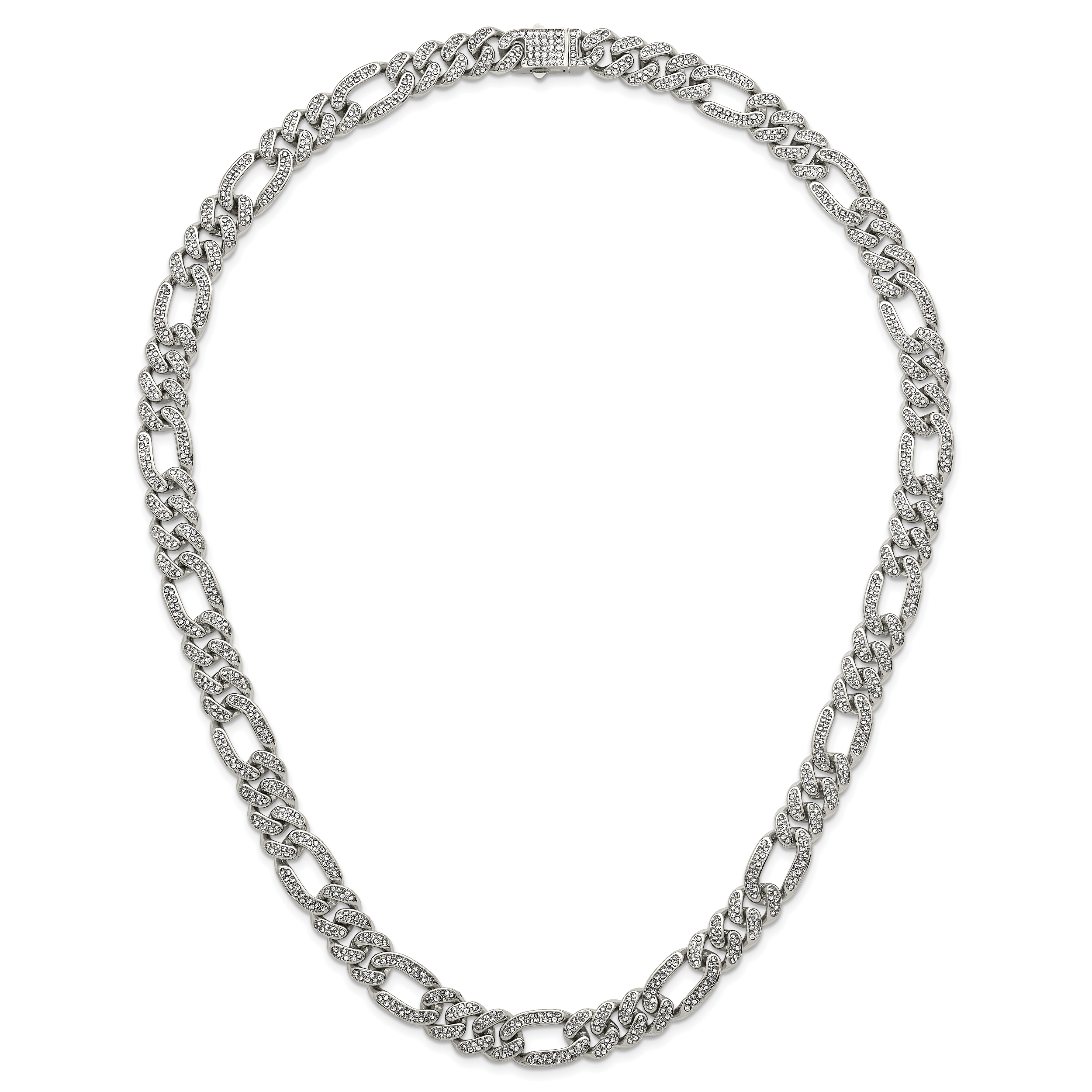 Polished Crystal Stainless Steel Figaro Chain Necklace 12mm