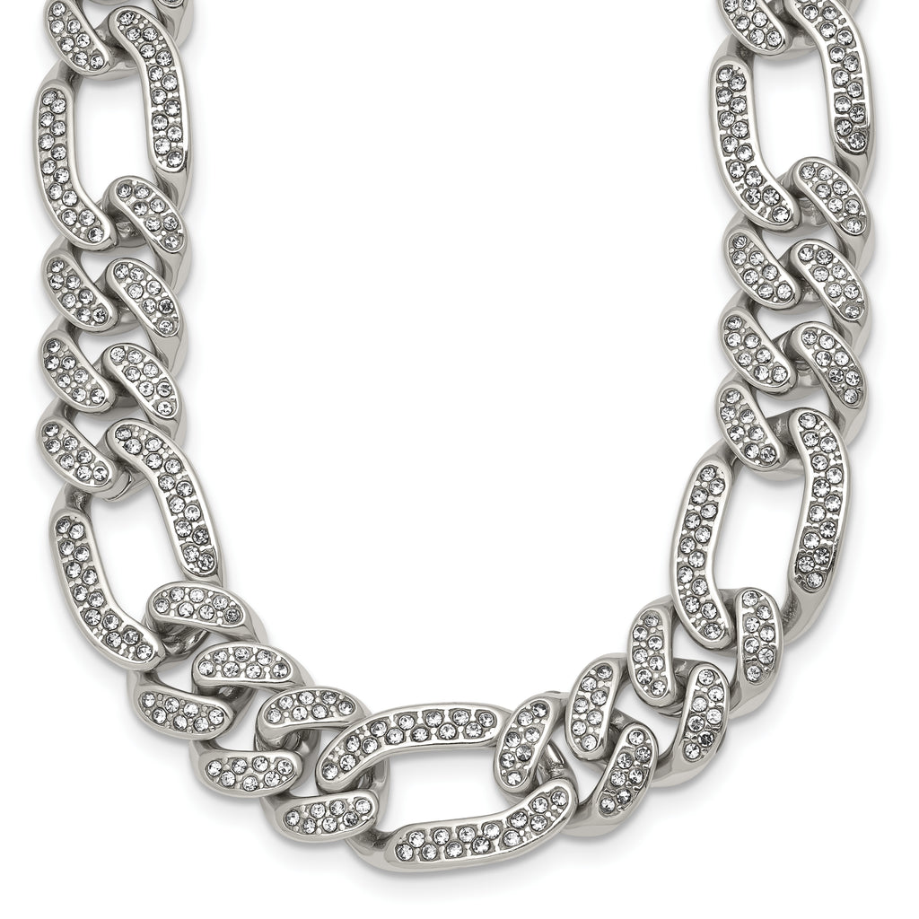 Polished Crystal Stainless Steel Figaro Chain Necklace 12mm