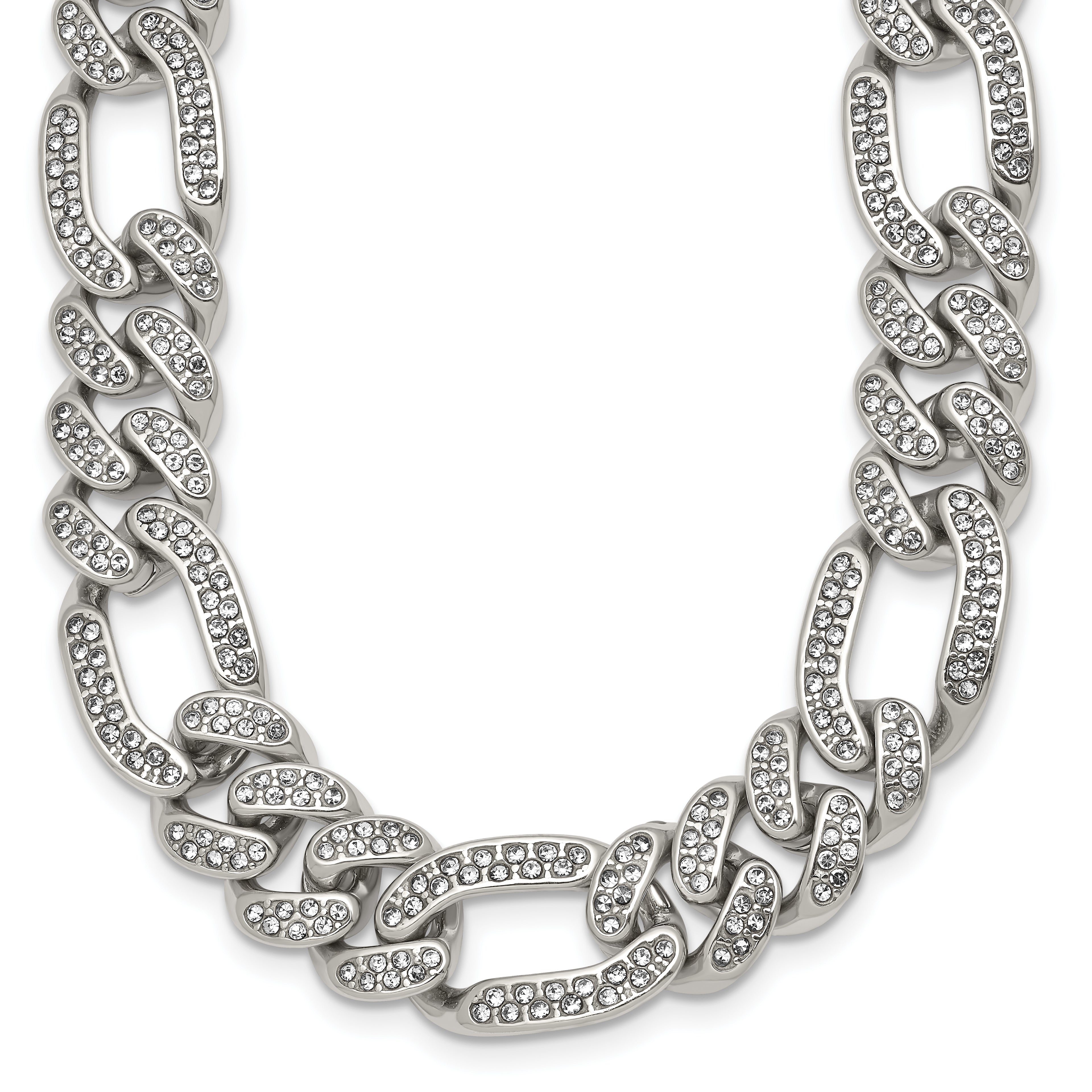 Polished Crystal Stainless Steel Figaro Chain Necklace 12mm
