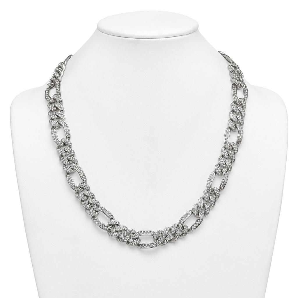 Polished Crystal Stainless Steel Figaro Chain Necklace 16mm