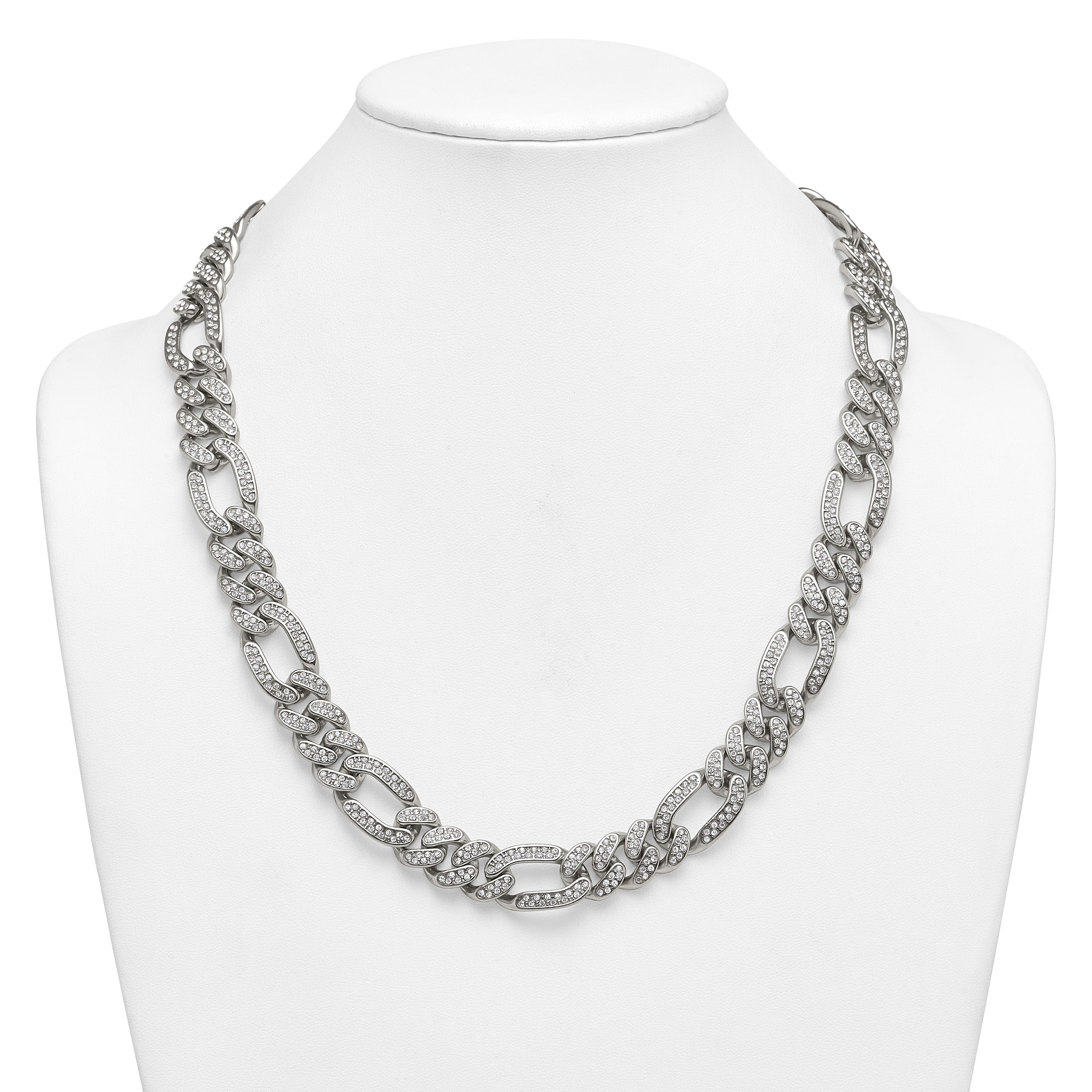 Polished Crystal Stainless Steel Figaro Chain Necklace 16mm