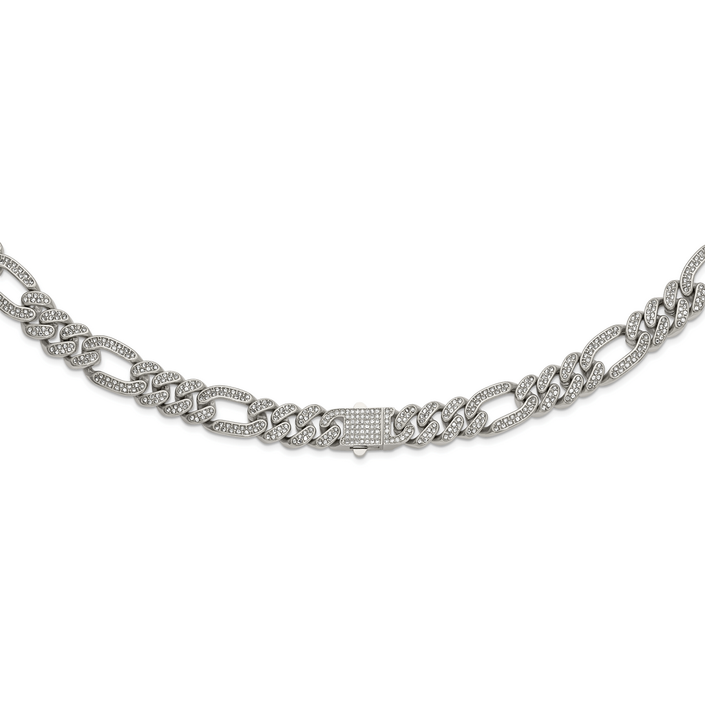 Polished Crystal Stainless Steel Figaro Chain Necklace 16mm