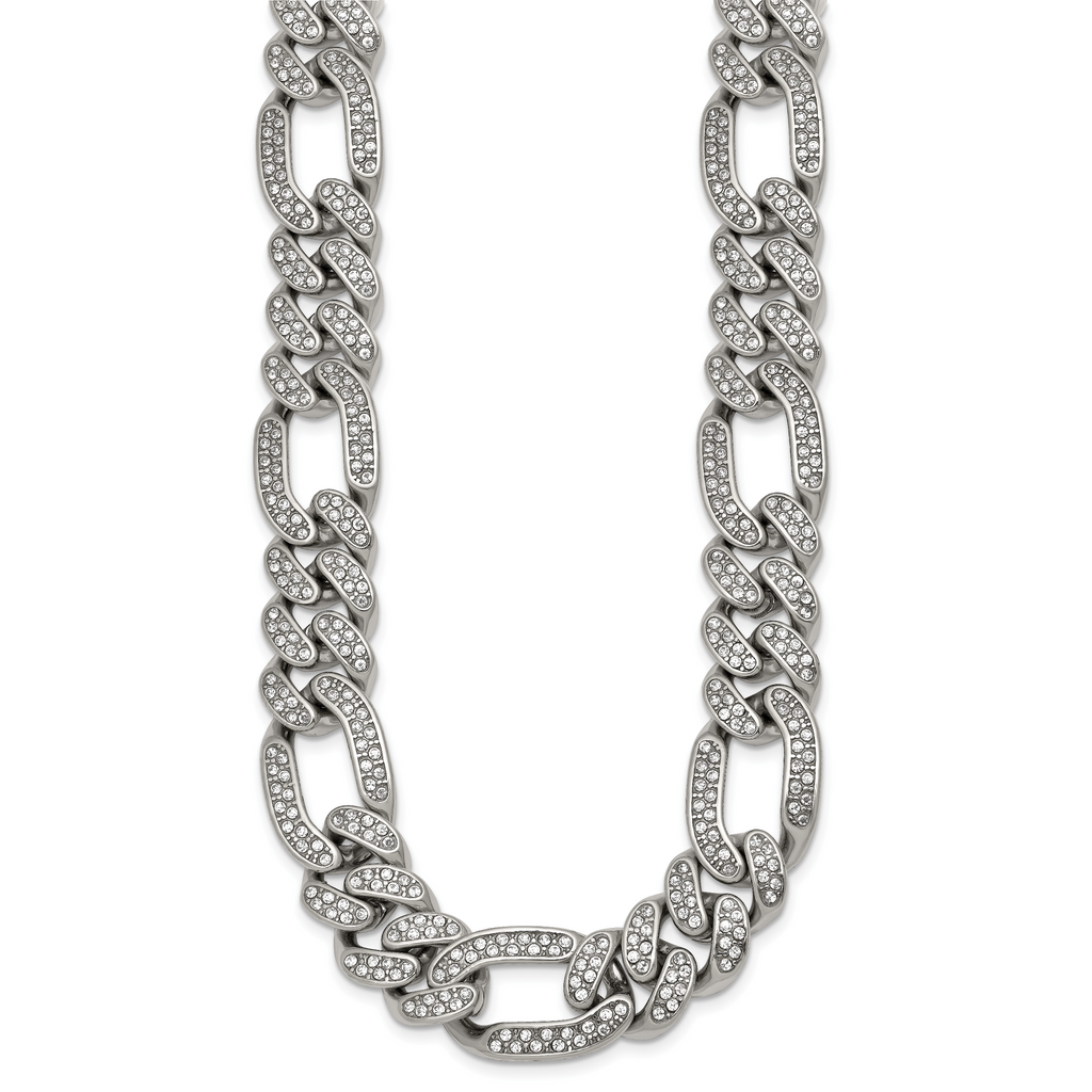 Polished Crystal Stainless Steel Figaro Chain Necklace 16mm