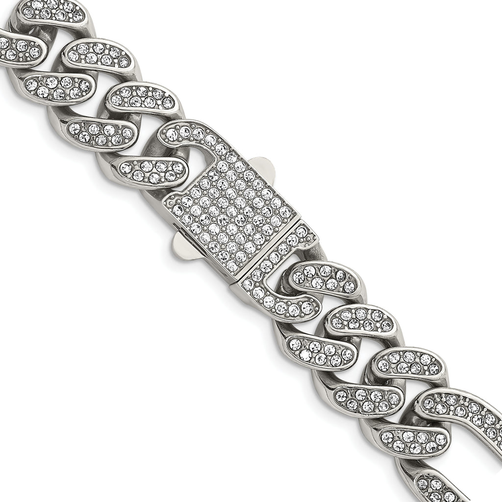 Polished Crystal Stainless Steel Figaro Chain Necklace 16mm