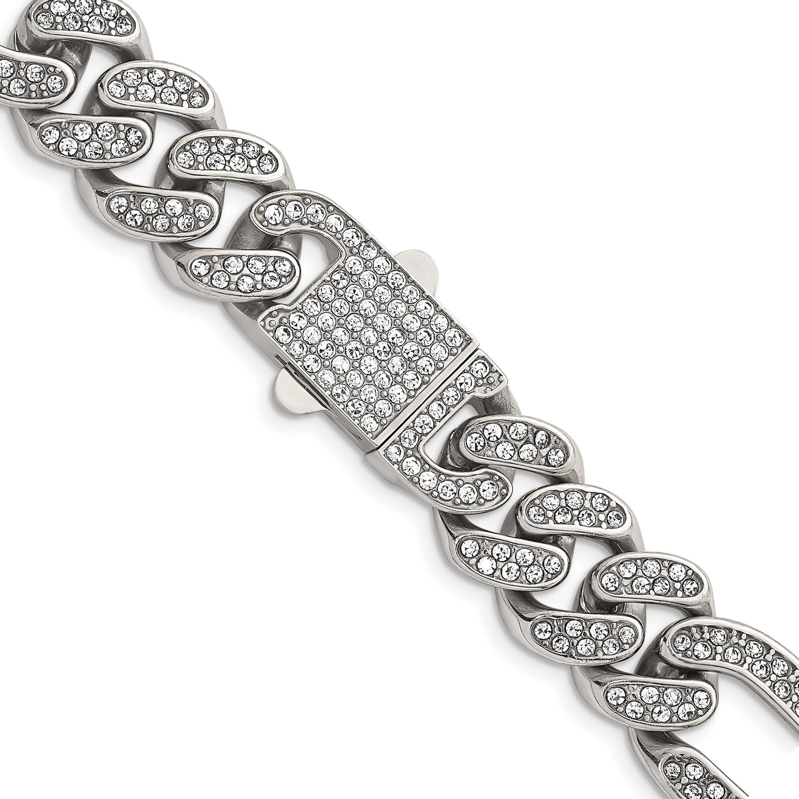 Polished Crystal Stainless Steel Figaro Chain Necklace 16mm