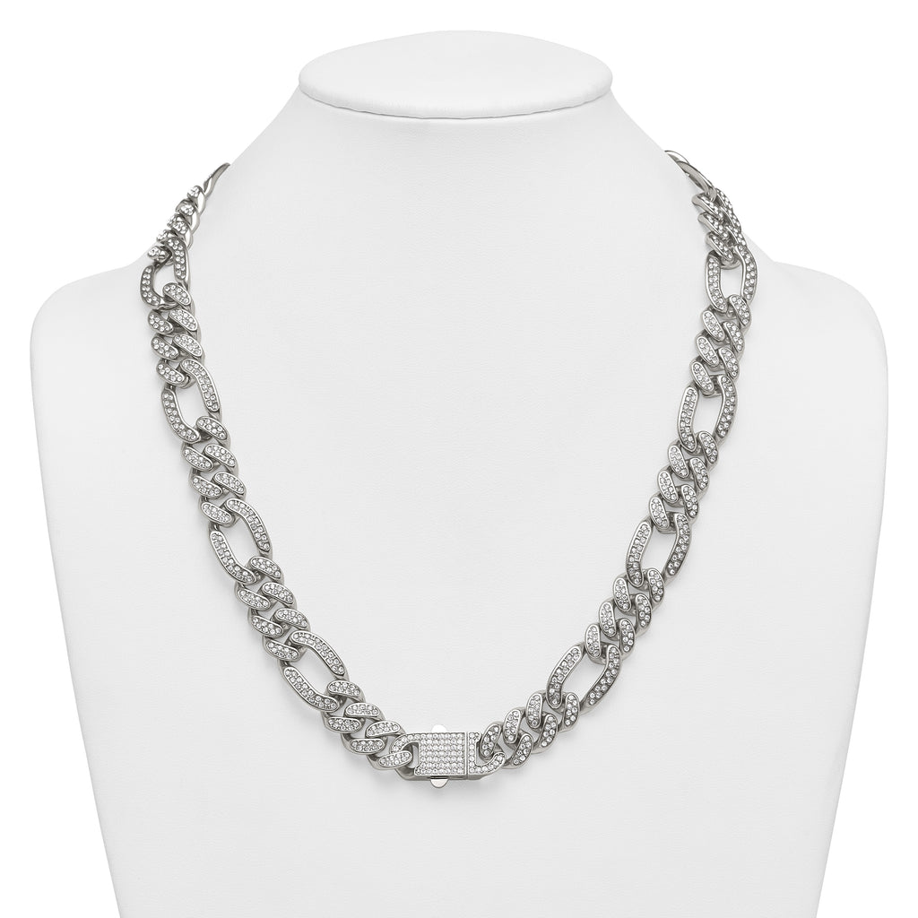 Polished Crystal Stainless Steel Figaro Chain Necklace 16mm