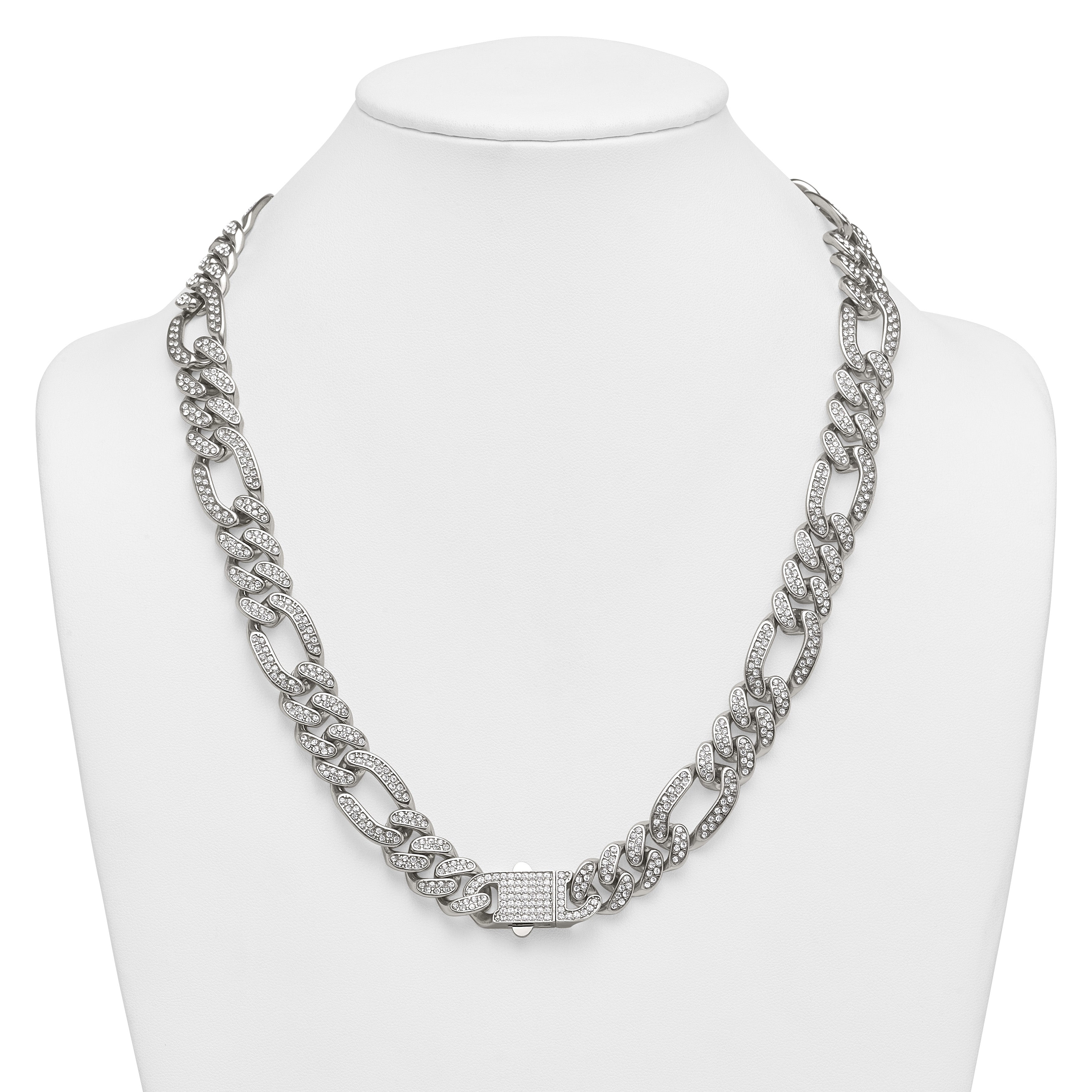 Polished Crystal Stainless Steel Figaro Chain Necklace 16mm
