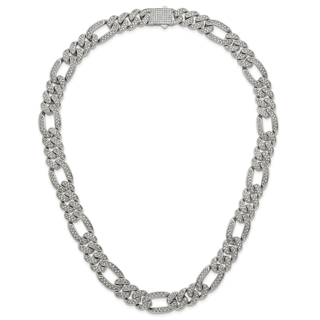 Polished Crystal Stainless Steel Figaro Chain Necklace 16mm