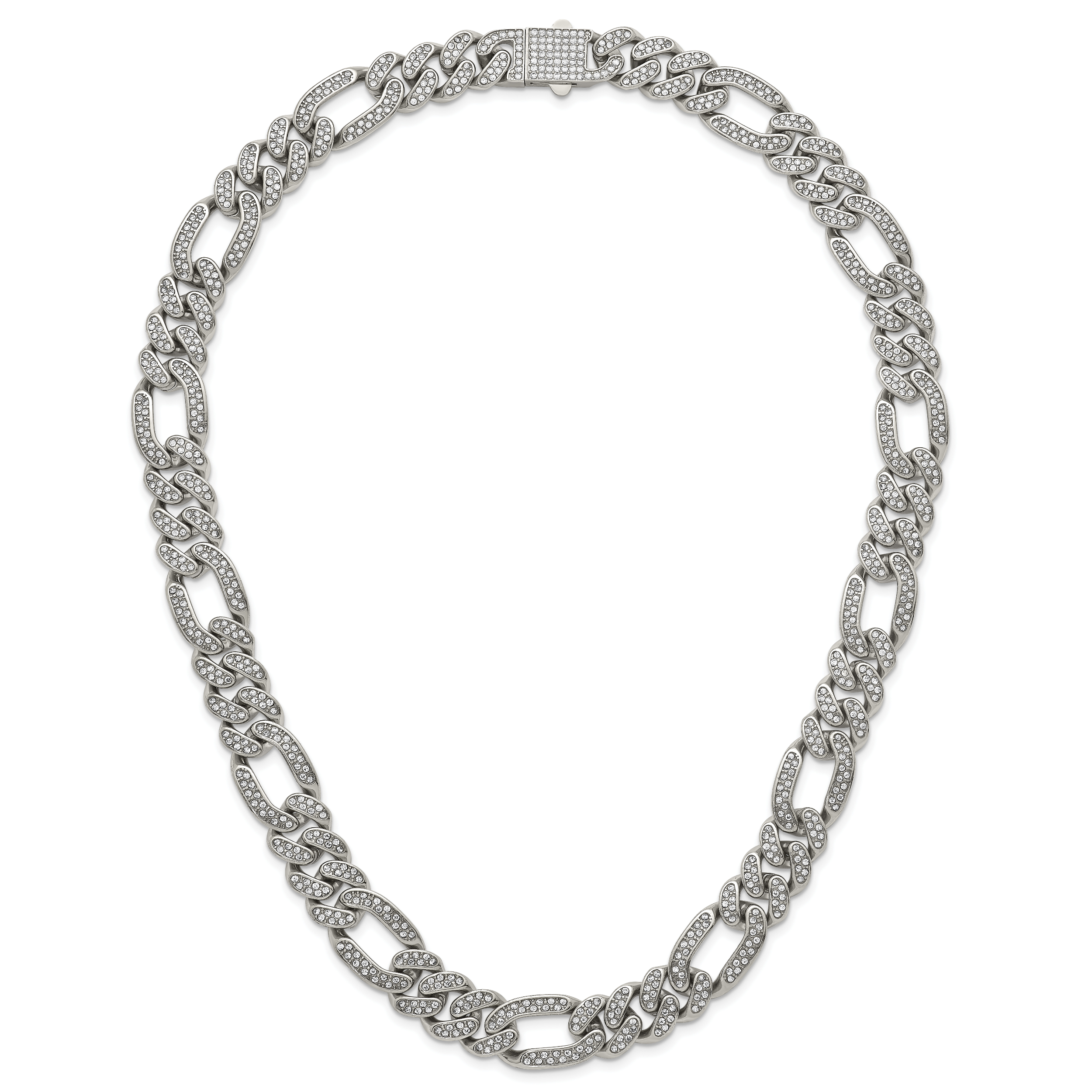 Polished Crystal Stainless Steel Figaro Chain Necklace 16mm