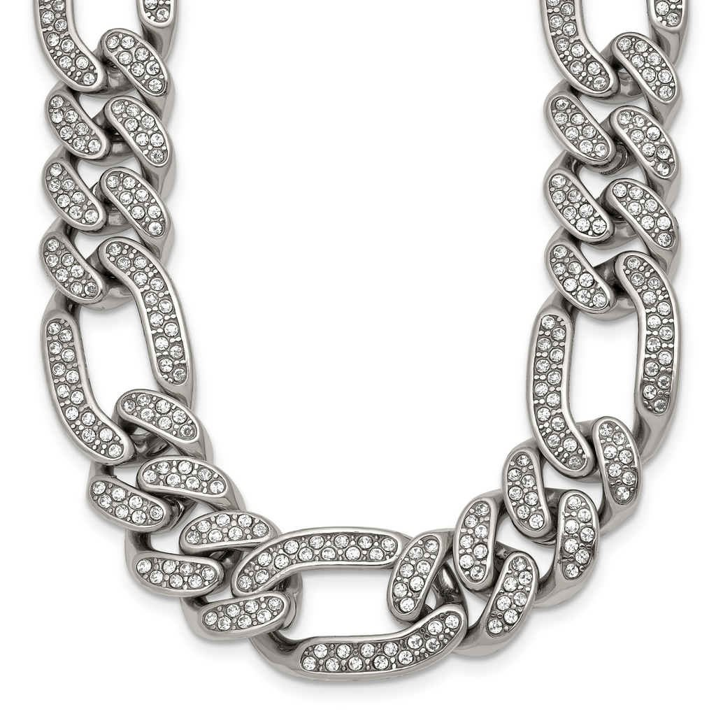 Polished Crystal Stainless Steel Figaro Chain Necklace 16mm