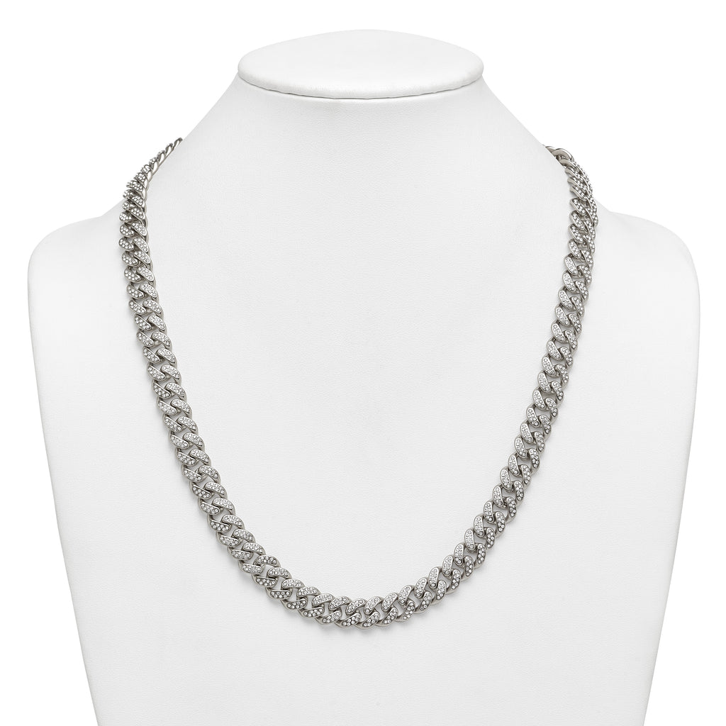 Polished Crystal Stainless Steel Curb Chain Necklace 11.5mm