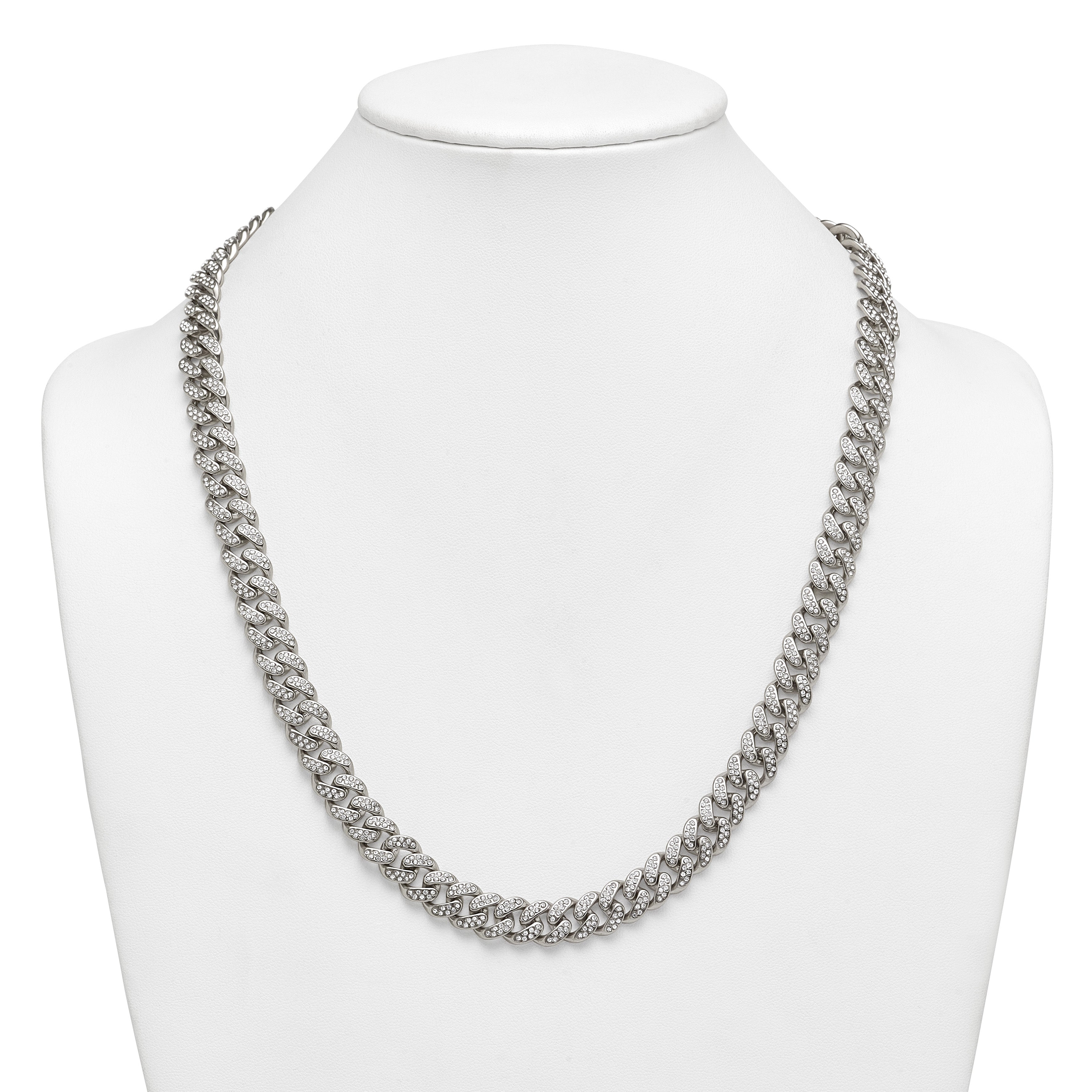 Polished Crystal Stainless Steel Curb Chain Necklace 11.5mm