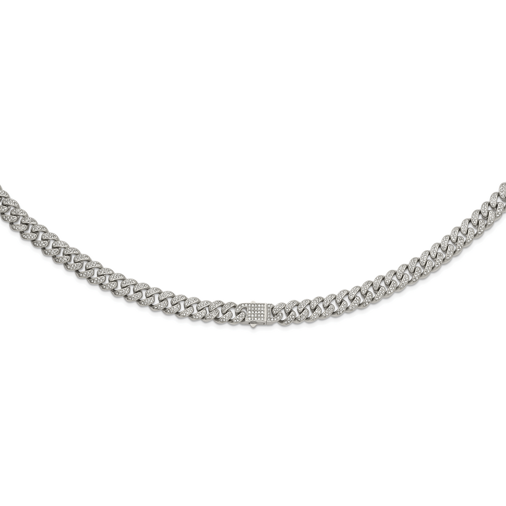 Polished Crystal Stainless Steel Curb Chain Necklace 11.5mm