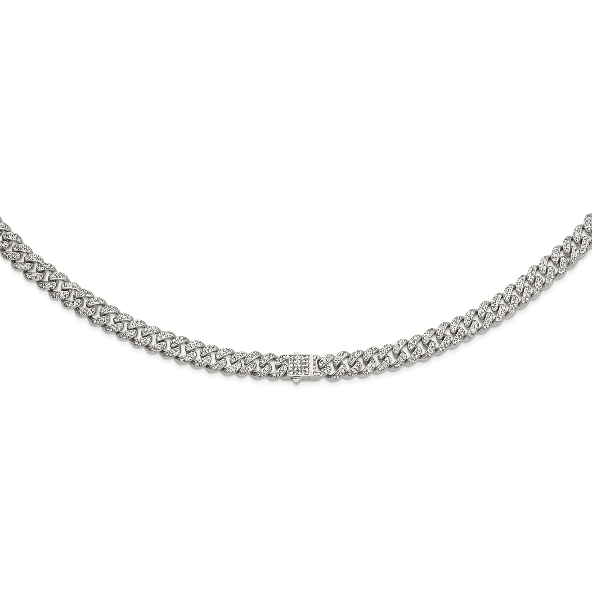 Polished Crystal Stainless Steel Curb Chain Necklace 11.5mm