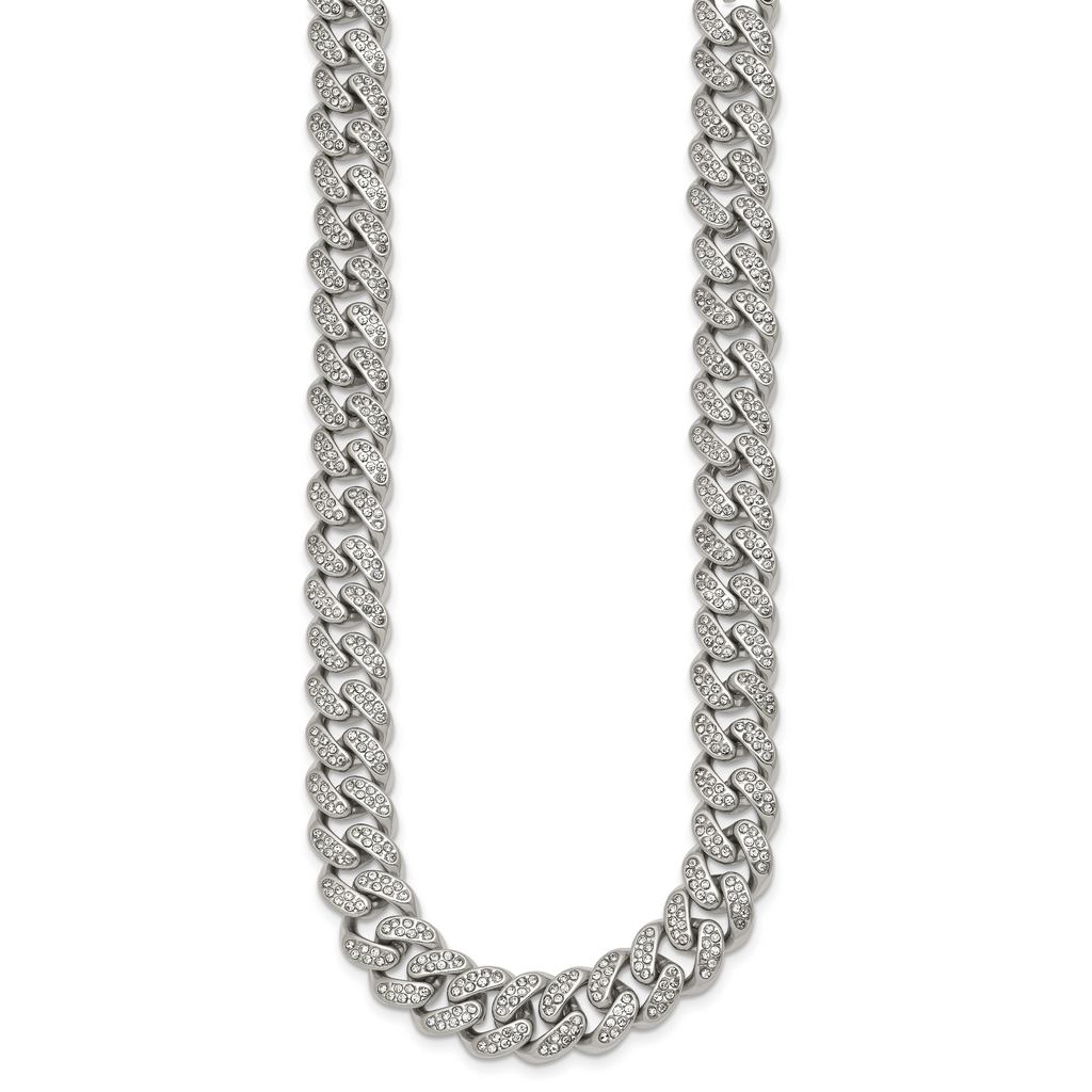 Polished Crystal Stainless Steel Curb Chain Necklace 11.5mm