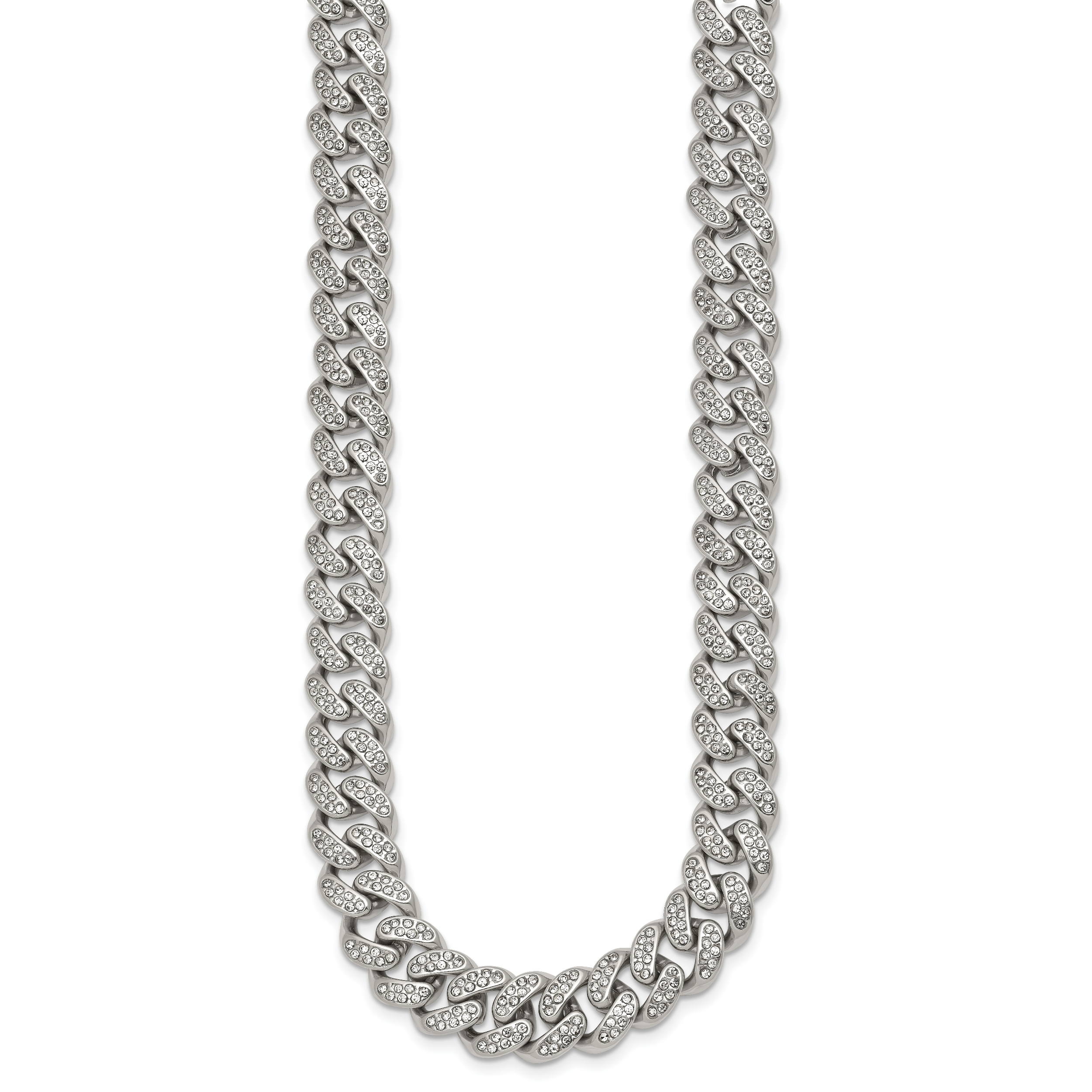 Polished Crystal Stainless Steel Curb Chain Necklace 11.5mm