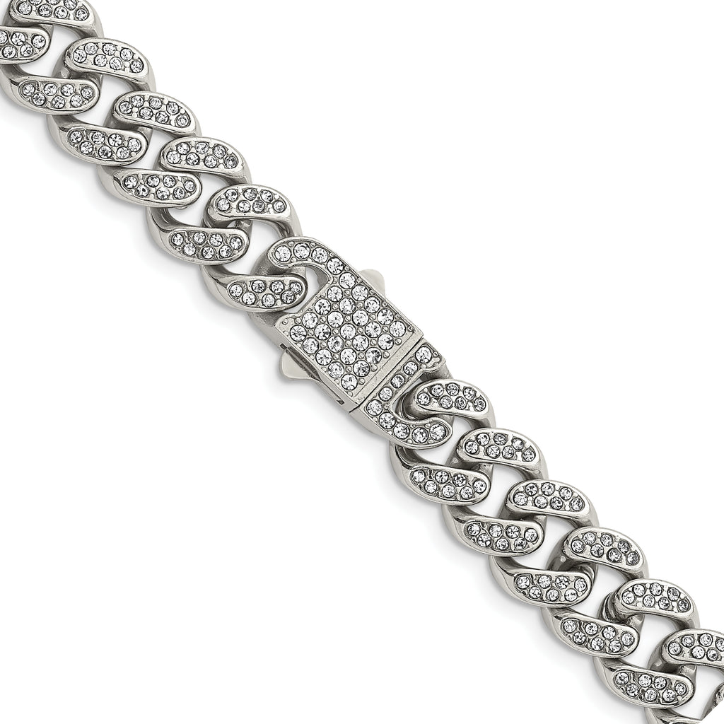 Polished Crystal Stainless Steel Curb Chain Necklace 11.5mm