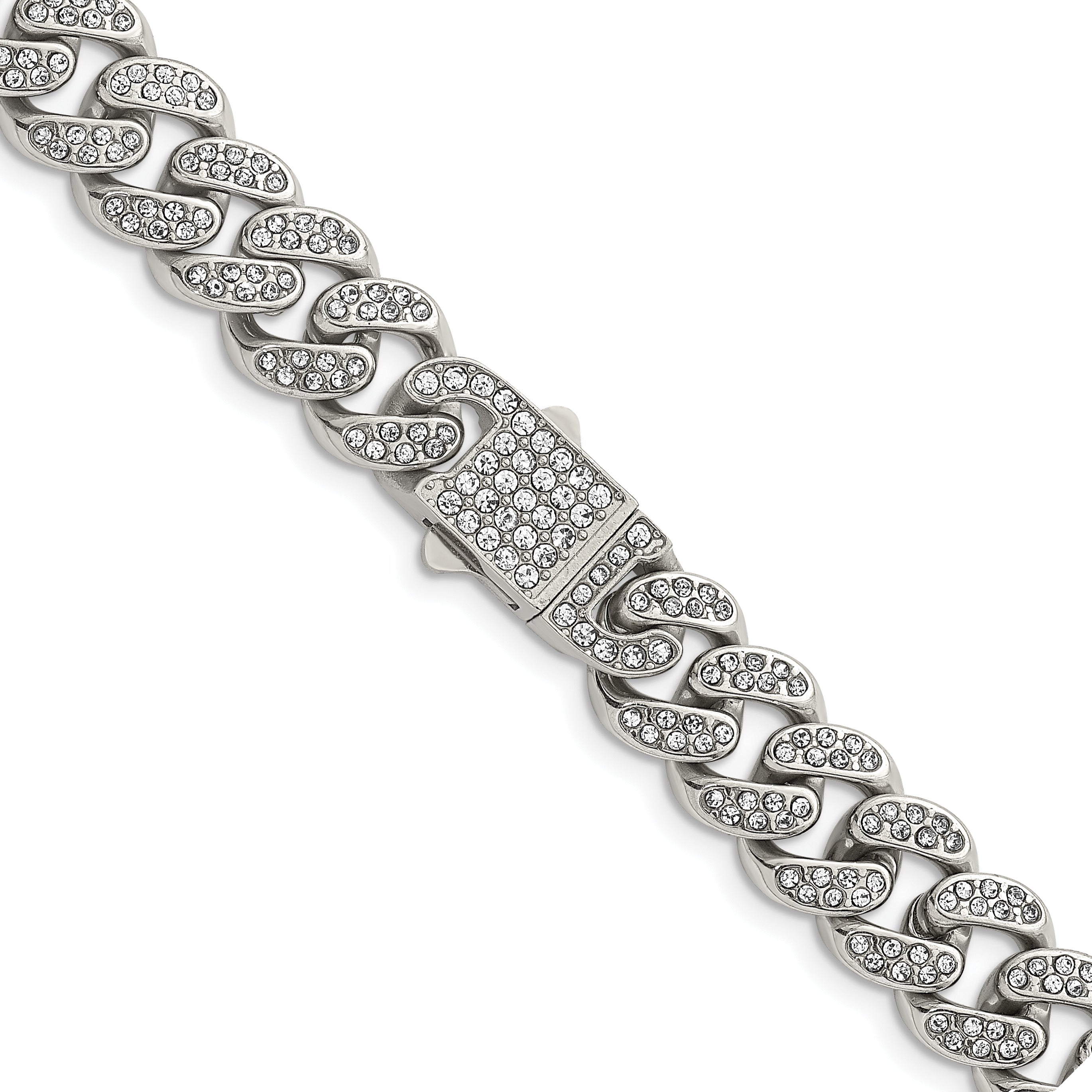 Polished Crystal Stainless Steel Curb Chain Necklace 11.5mm