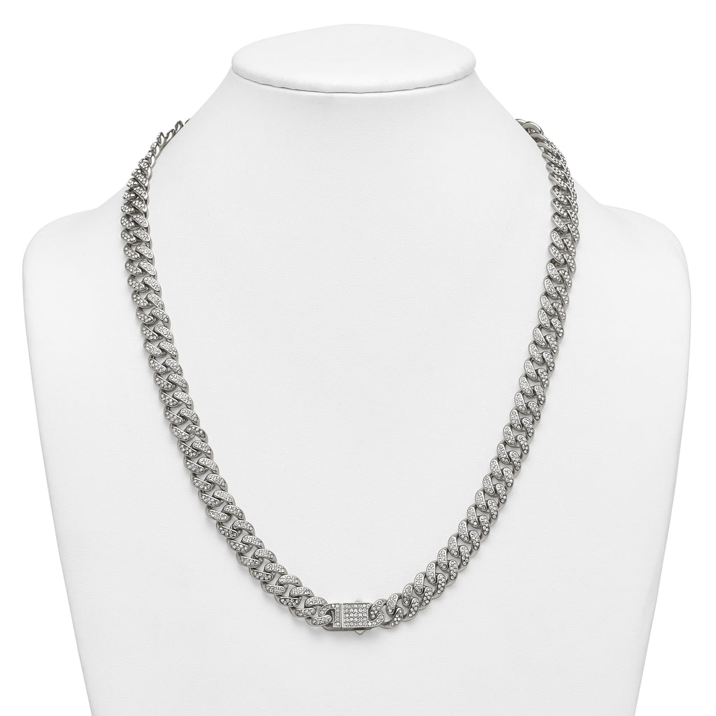 Polished Crystal Stainless Steel Curb Chain Necklace 11.5mm