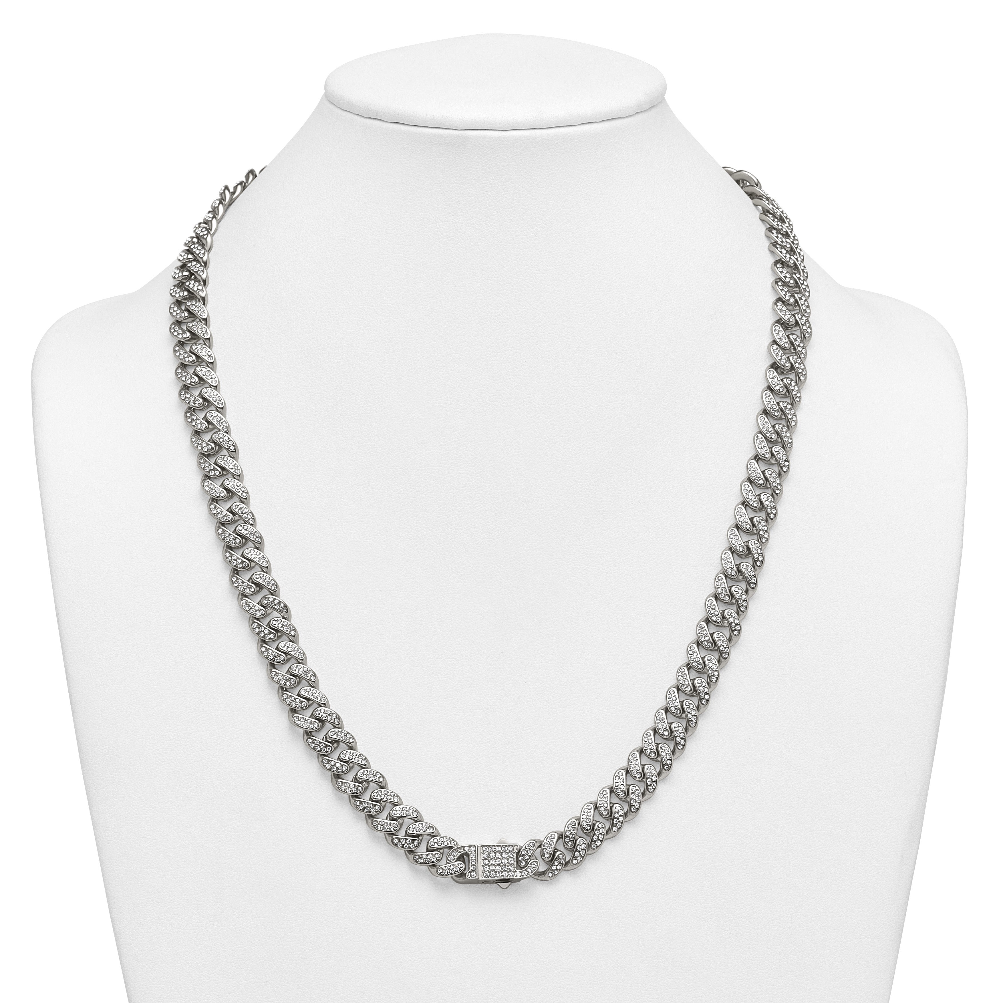 Polished Crystal Stainless Steel Curb Chain Necklace 11.5mm
