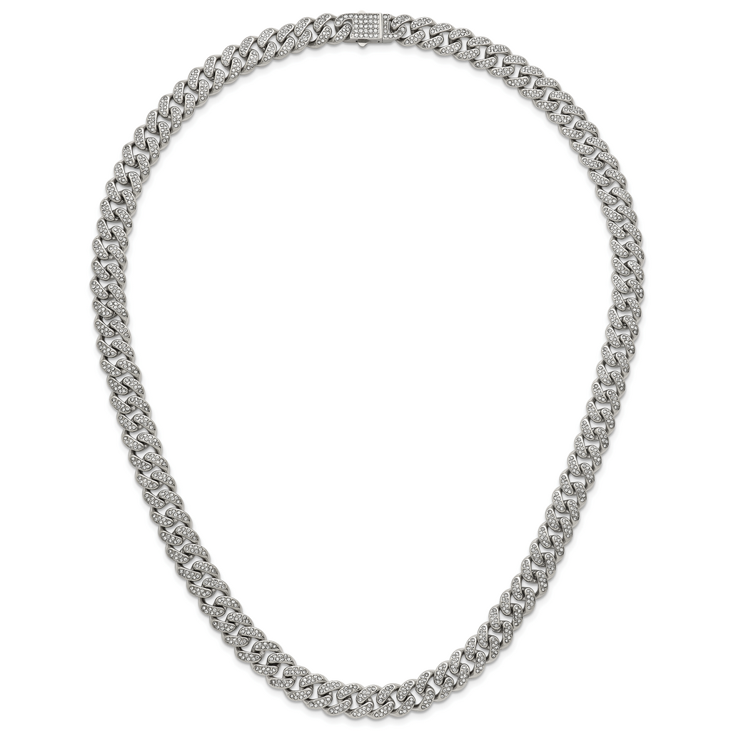 Polished Crystal Stainless Steel Curb Chain Necklace 11.5mm