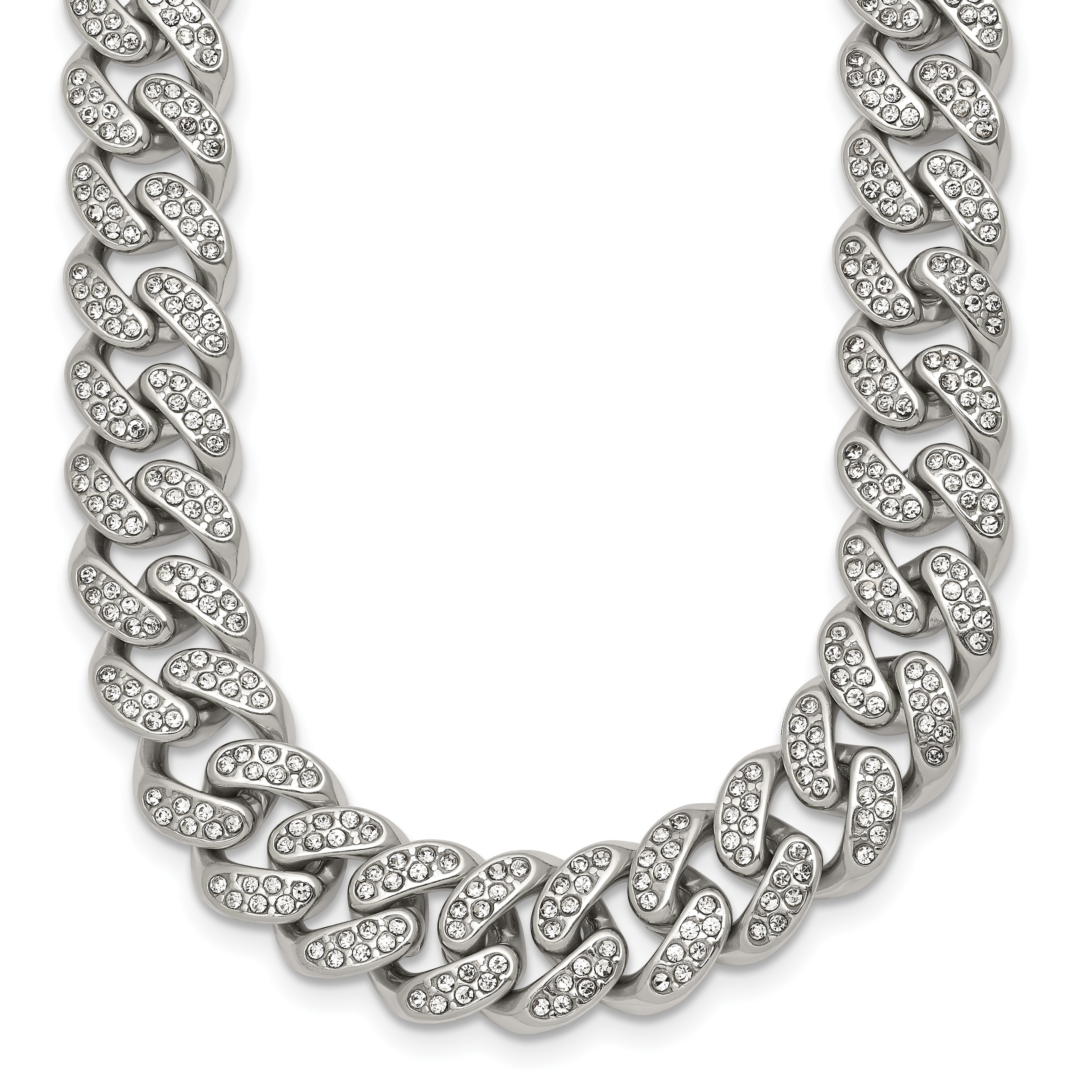 Polished Crystal Stainless Steel Curb Chain Necklace 11.5mm