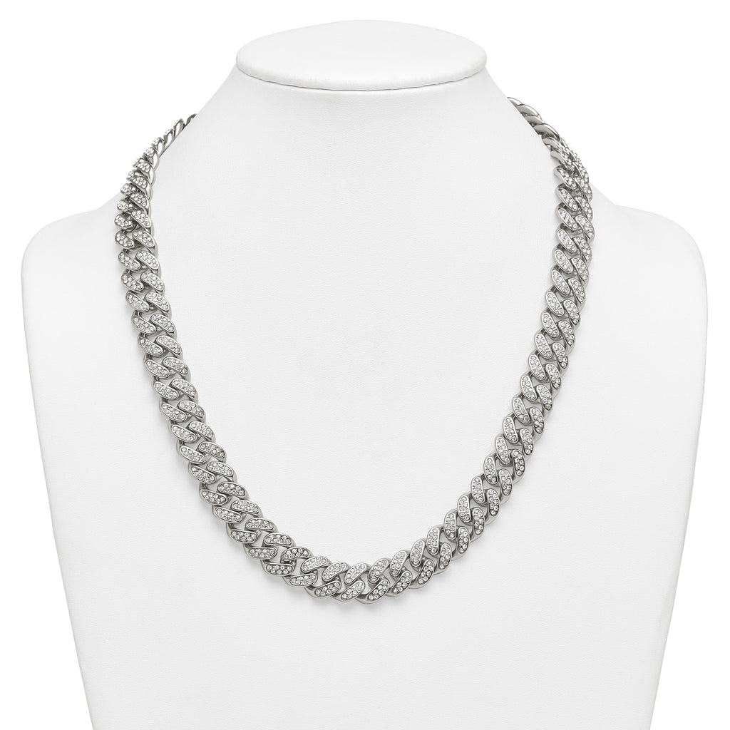 Polished Crystal Stainless Steel Curb Chain Necklace 14.5mm