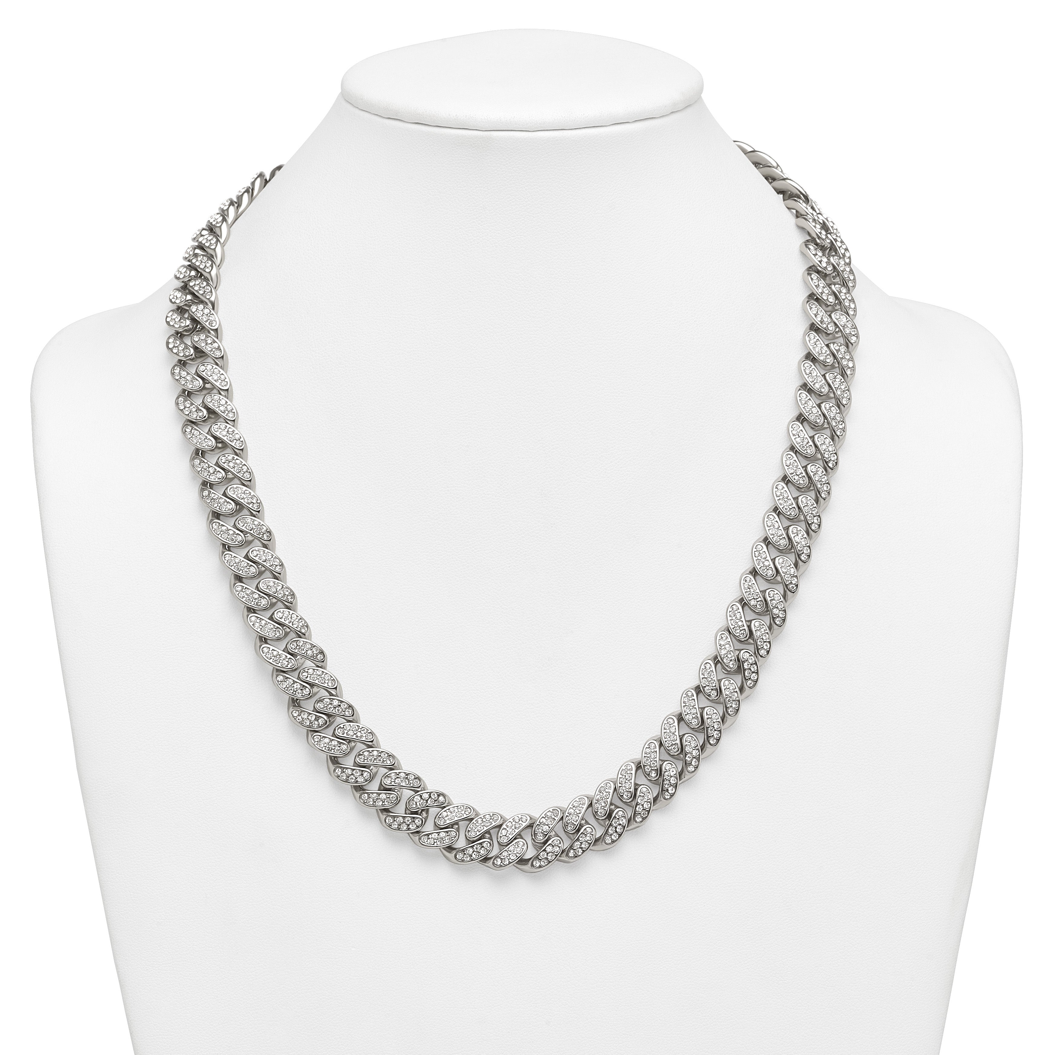 Polished Crystal Stainless Steel Curb Chain Necklace 14.5mm