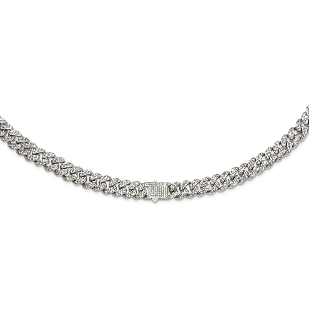 Polished Crystal Stainless Steel Curb Chain Necklace 14.5mm