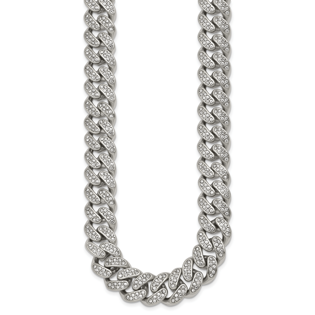 Polished Crystal Stainless Steel Curb Chain Necklace 14.5mm