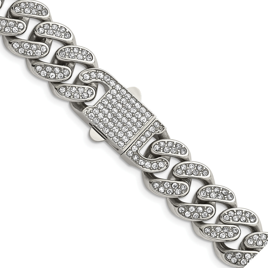 Polished Crystal Stainless Steel Curb Chain Necklace 14.5mm
