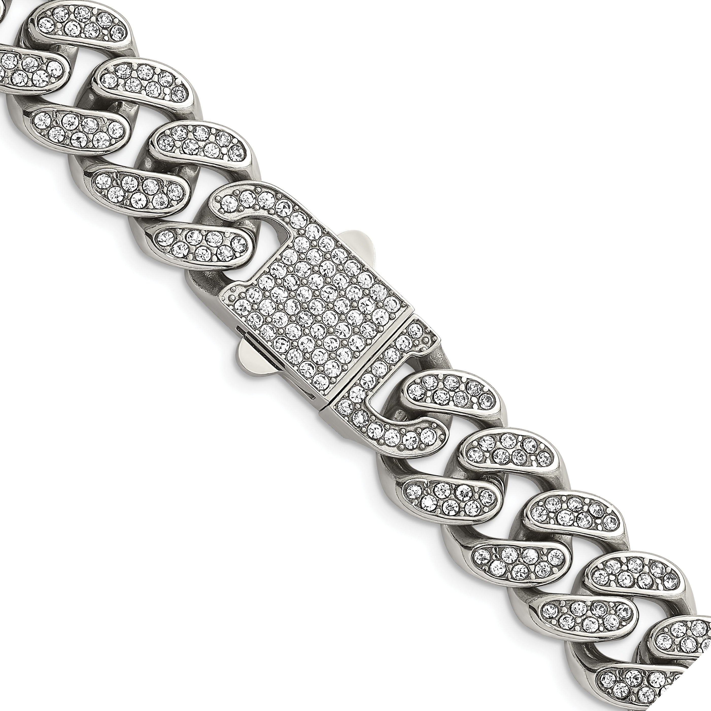 Polished Crystal Stainless Steel Curb Chain Necklace 14.5mm