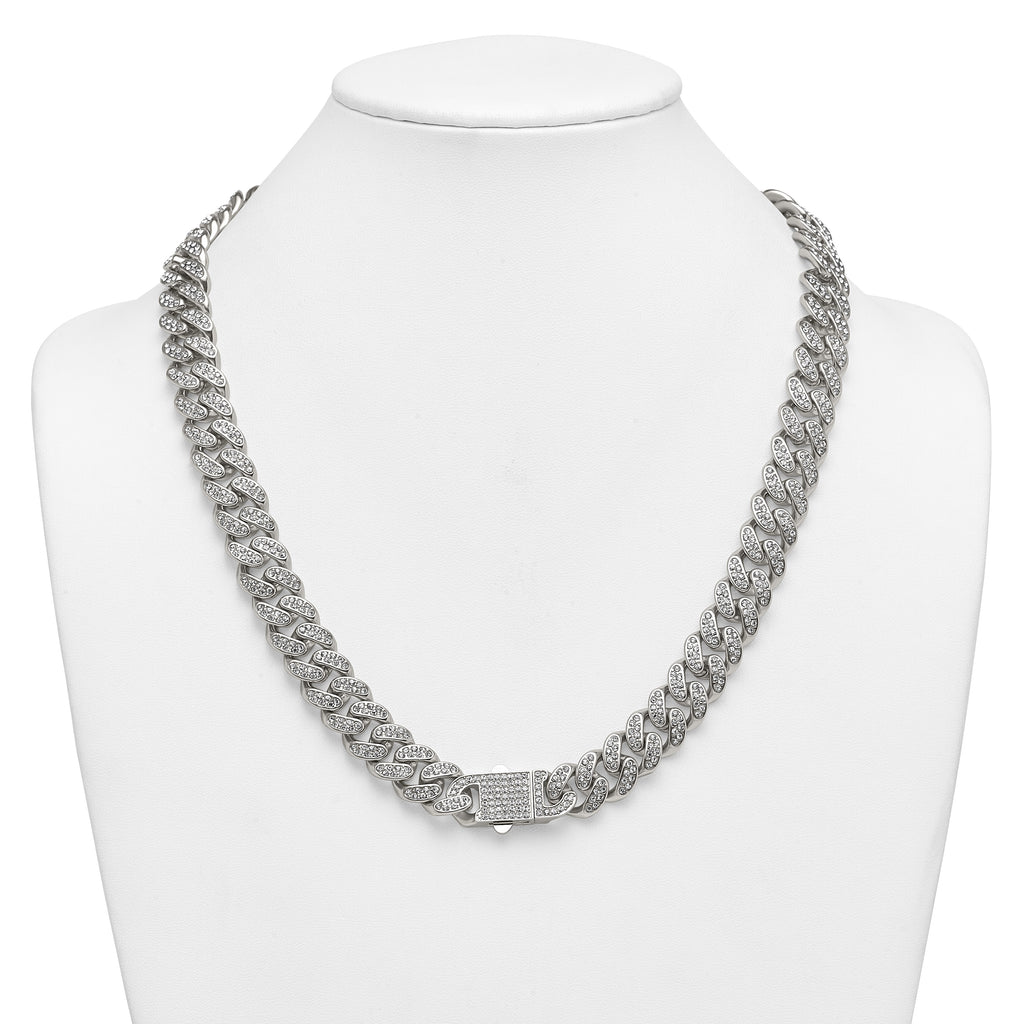 Polished Crystal Stainless Steel Curb Chain Necklace 14.5mm