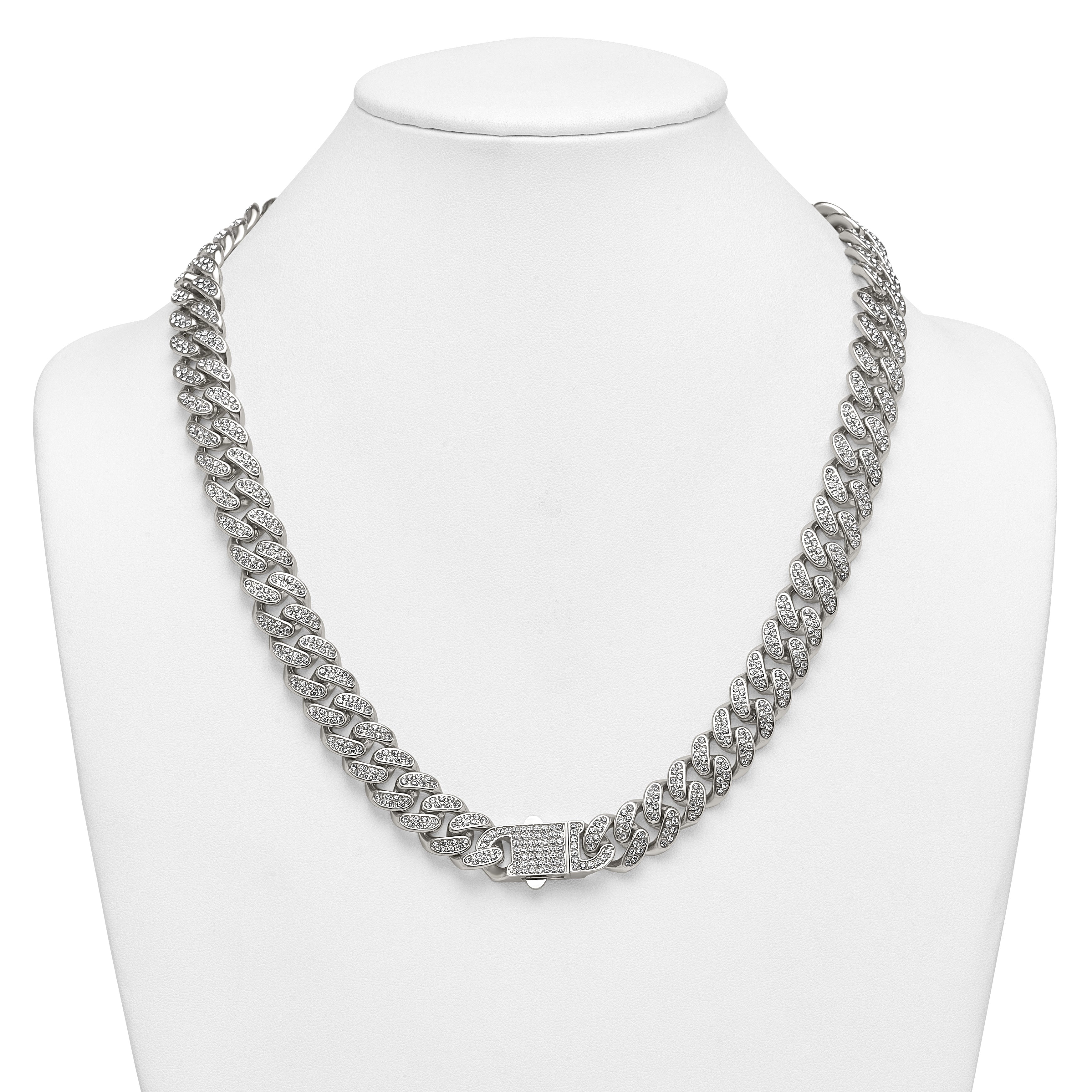 Polished Crystal Stainless Steel Curb Chain Necklace 14.5mm