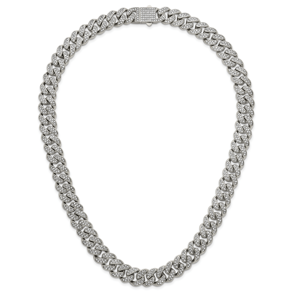 Polished Crystal Stainless Steel Curb Chain Necklace 14.5mm