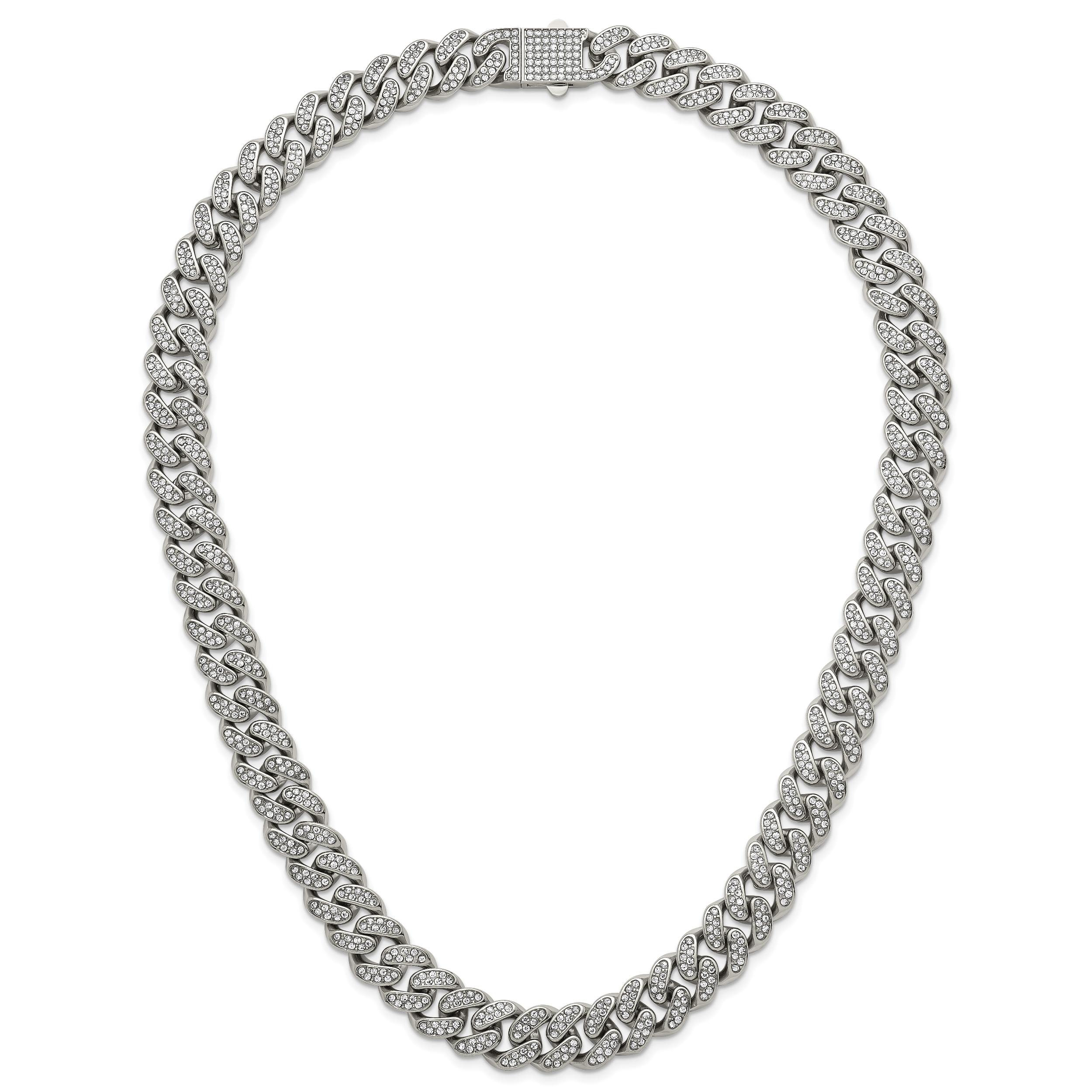 Polished Crystal Stainless Steel Curb Chain Necklace 14.5mm