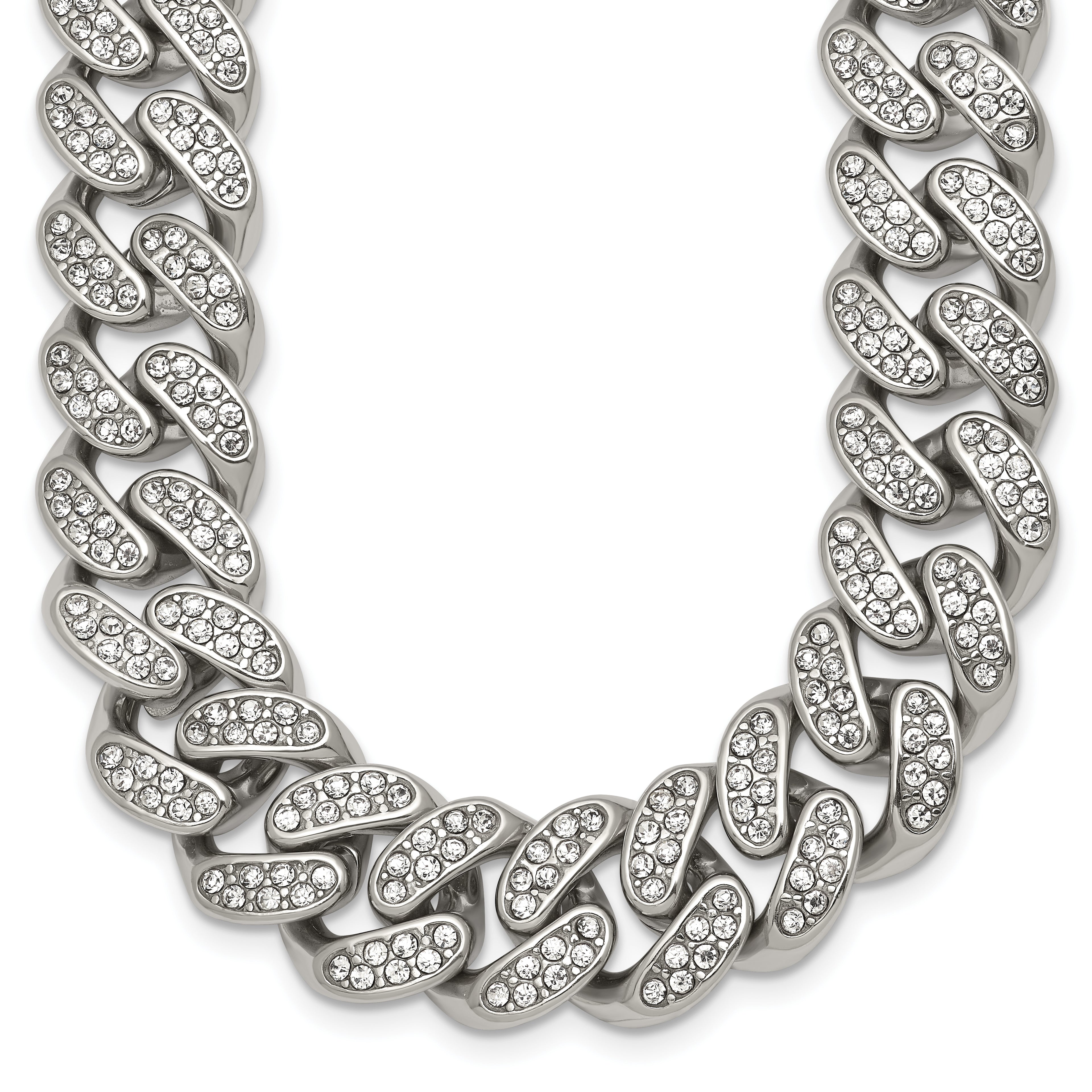 Polished Crystal Stainless Steel Curb Chain Necklace 14.5mm