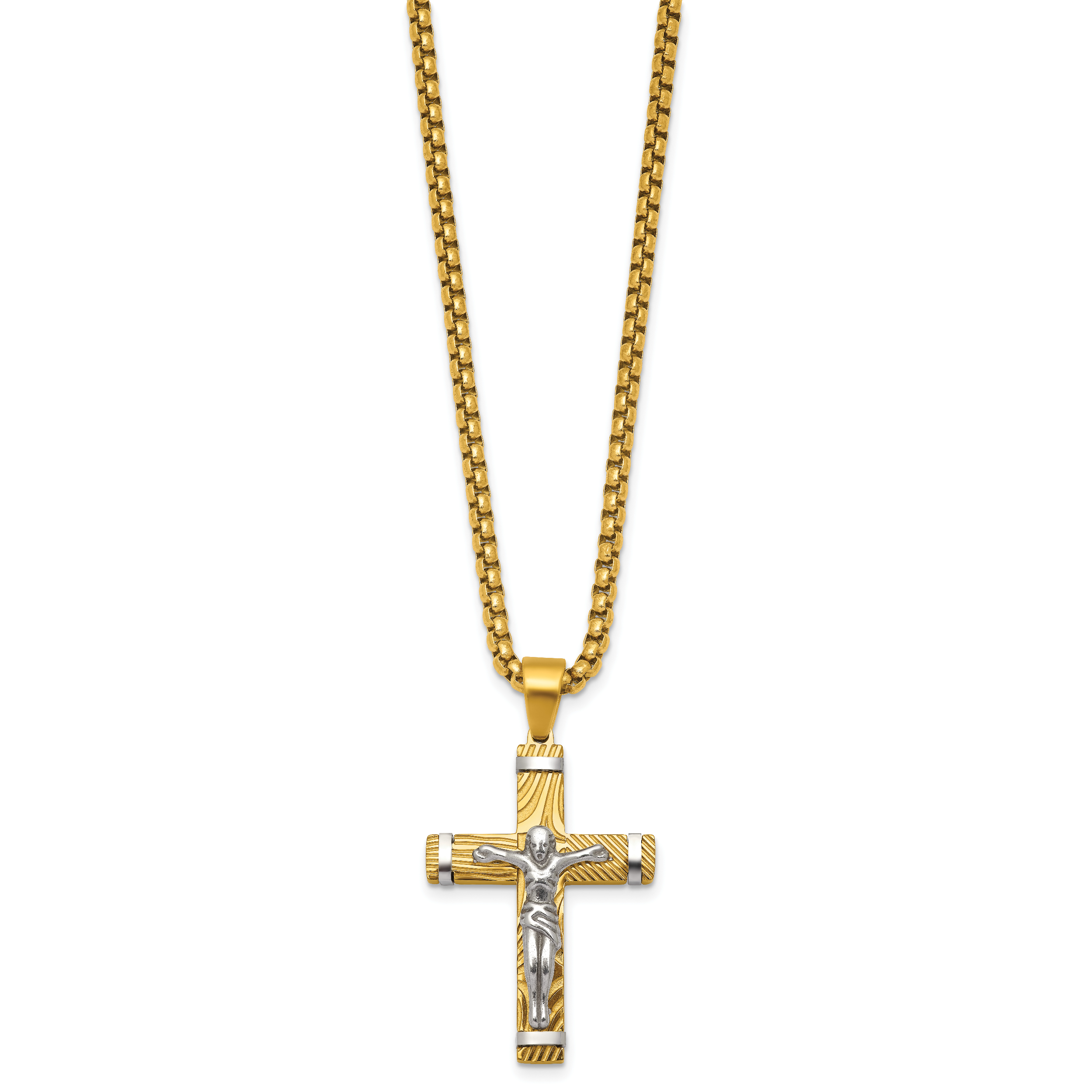 Gold-Tone Brushed and Polished Crucifix Stainless Steel Rolo Chain Necklace