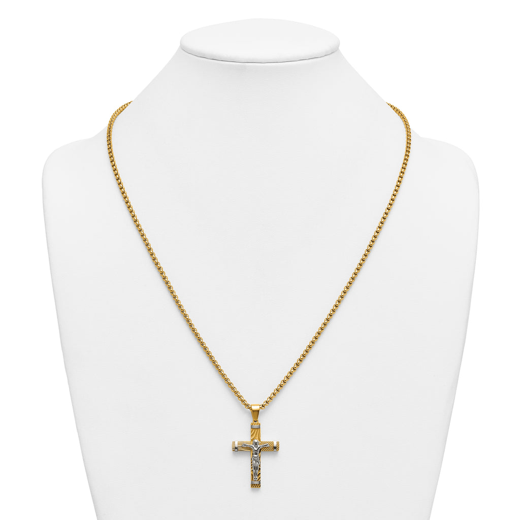 Gold-Tone Brushed and Polished Crucifix Stainless Steel Rolo Chain Necklace
