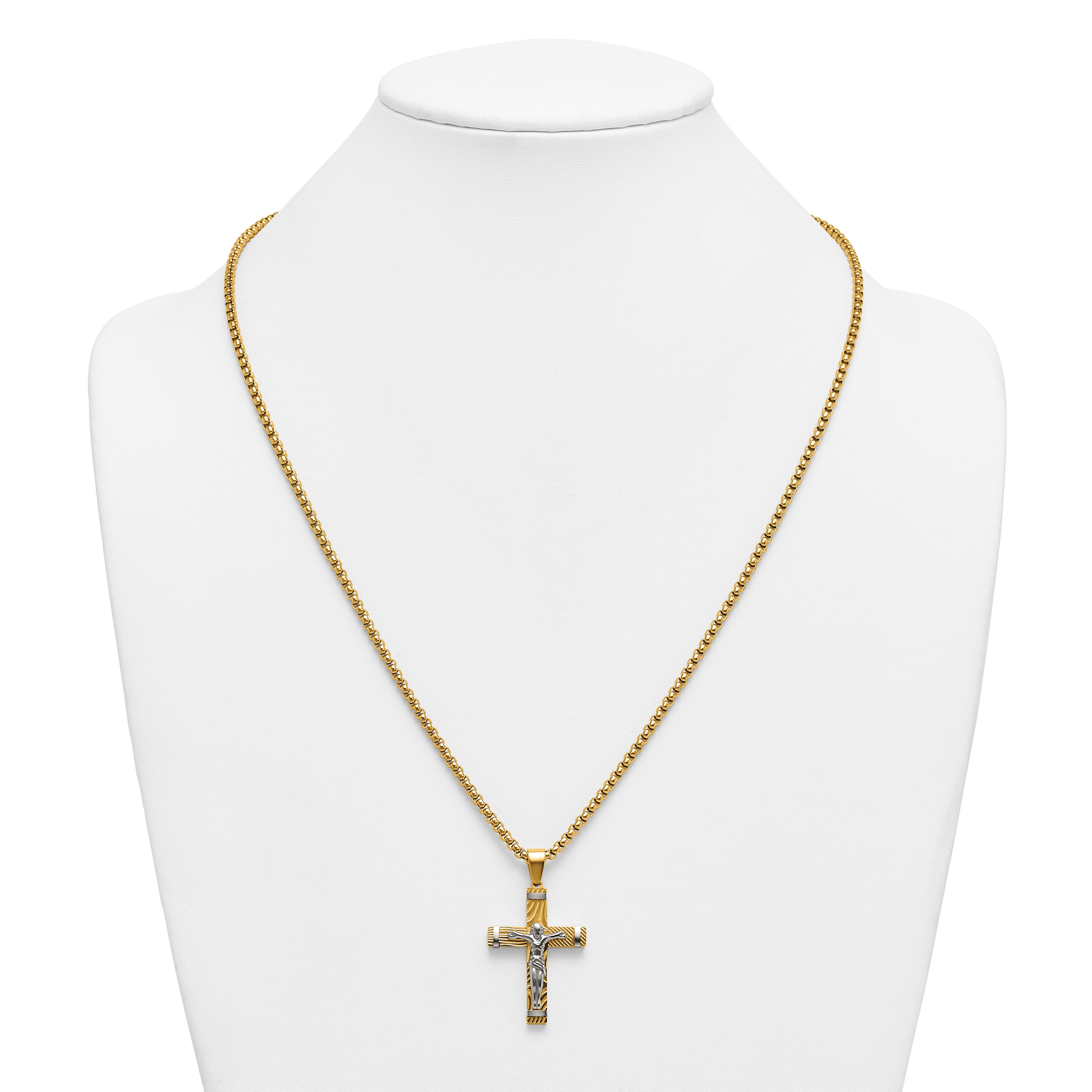 Gold-Tone Brushed and Polished Crucifix Stainless Steel Rolo Chain Necklace