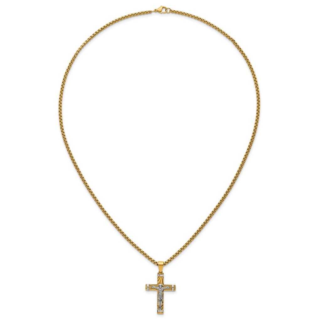 Gold-Tone Brushed and Polished Crucifix Stainless Steel Rolo Chain Necklace
