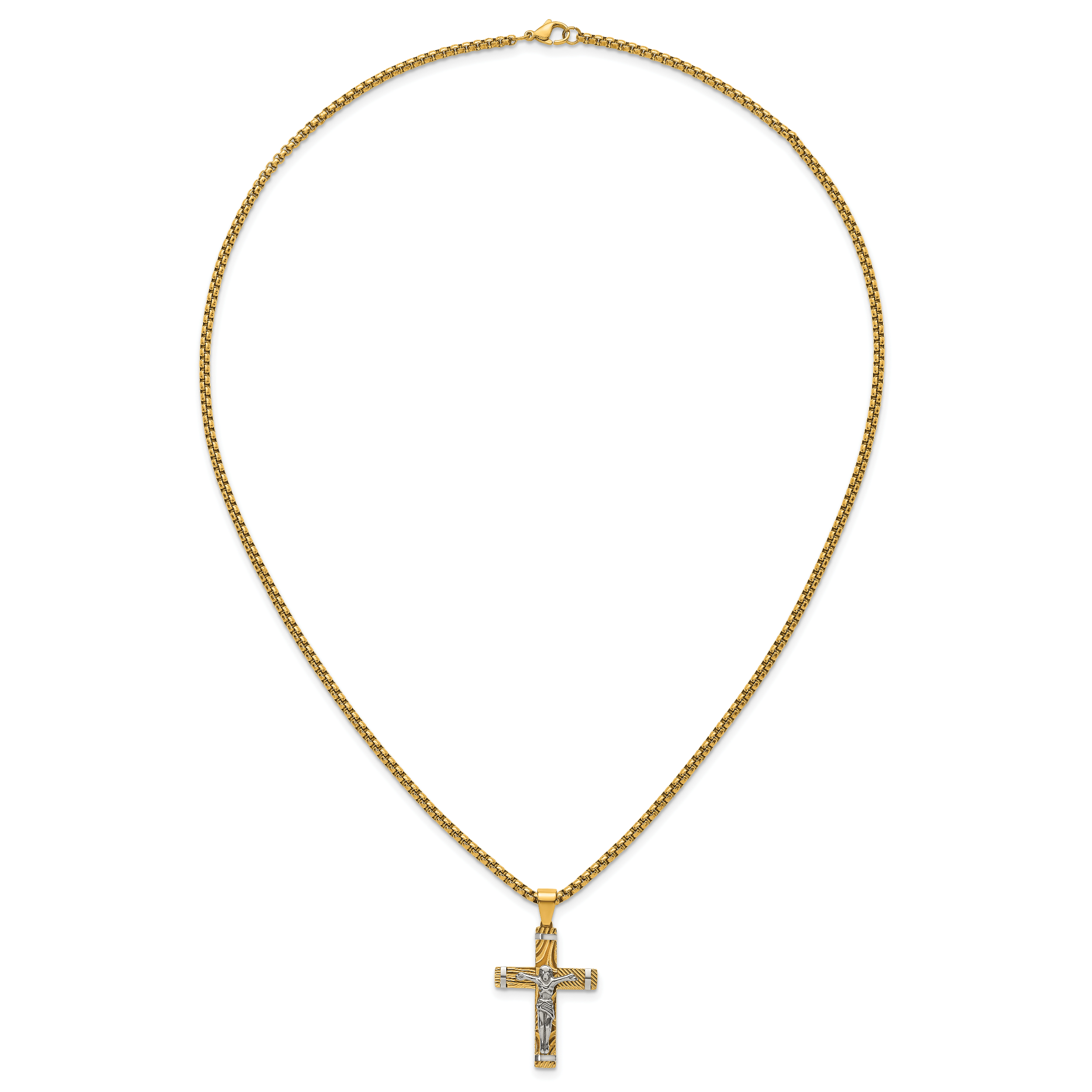 Gold-Tone Brushed and Polished Crucifix Stainless Steel Rolo Chain Necklace