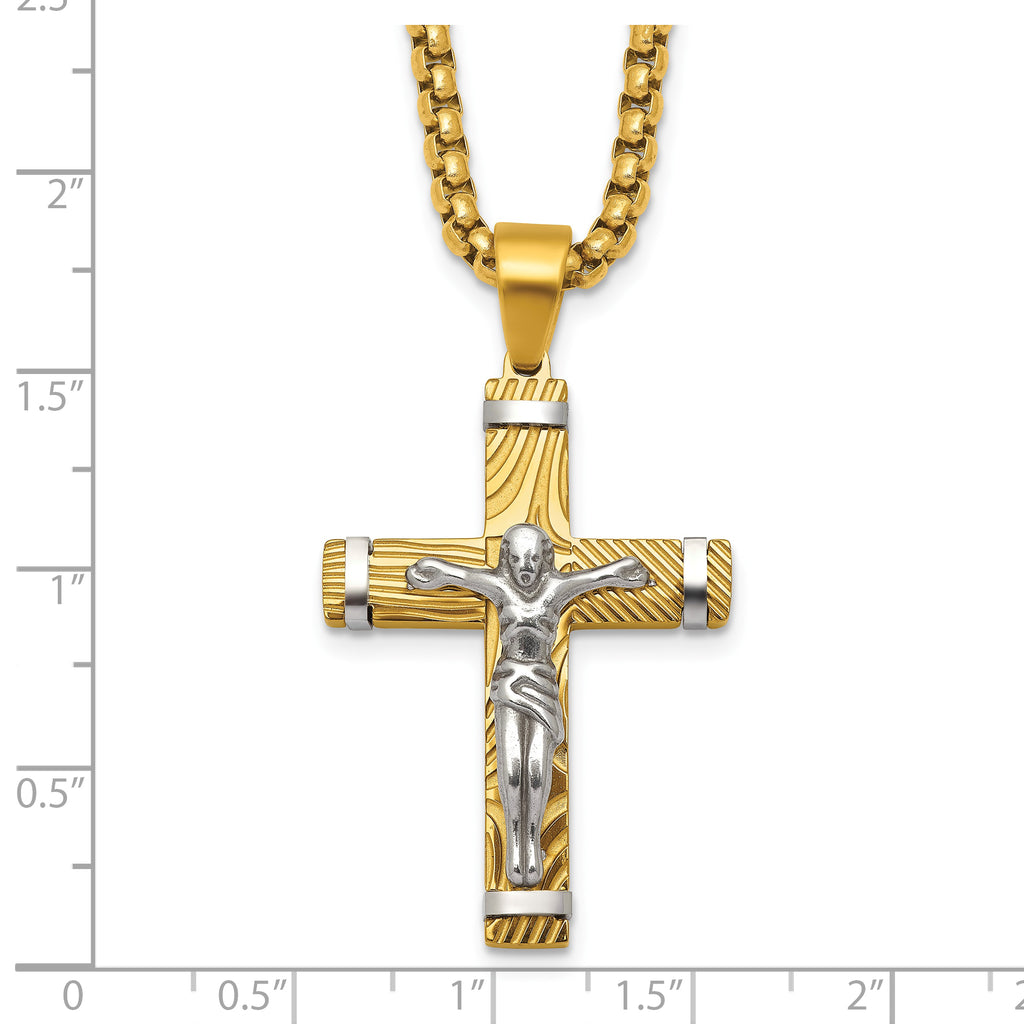 Gold-Tone Brushed and Polished Crucifix Stainless Steel Rolo Chain Necklace
