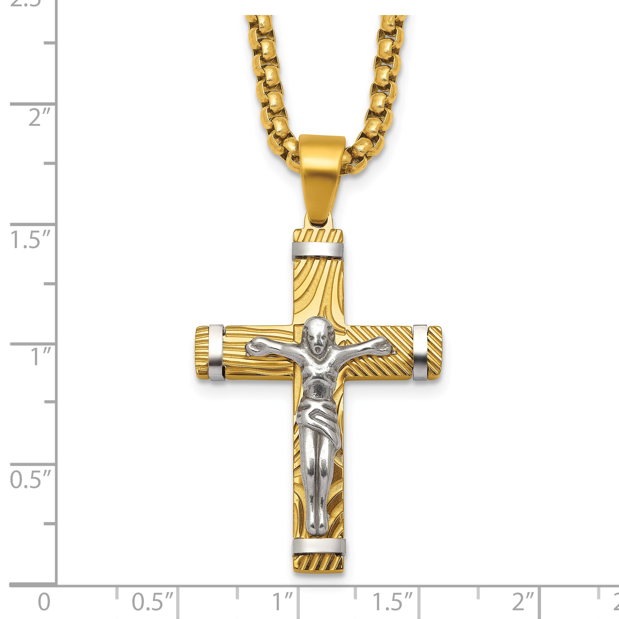 Gold-Tone Brushed and Polished Crucifix Stainless Steel Rolo Chain Necklace